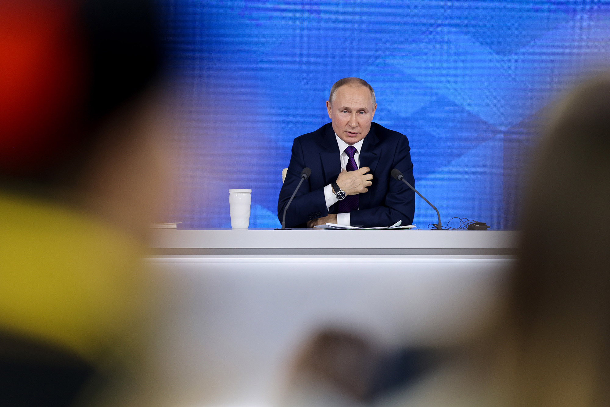 Russian President Vladimir Putin delivers his annual news conference in Moscow, Russia, on December 23, 2021.