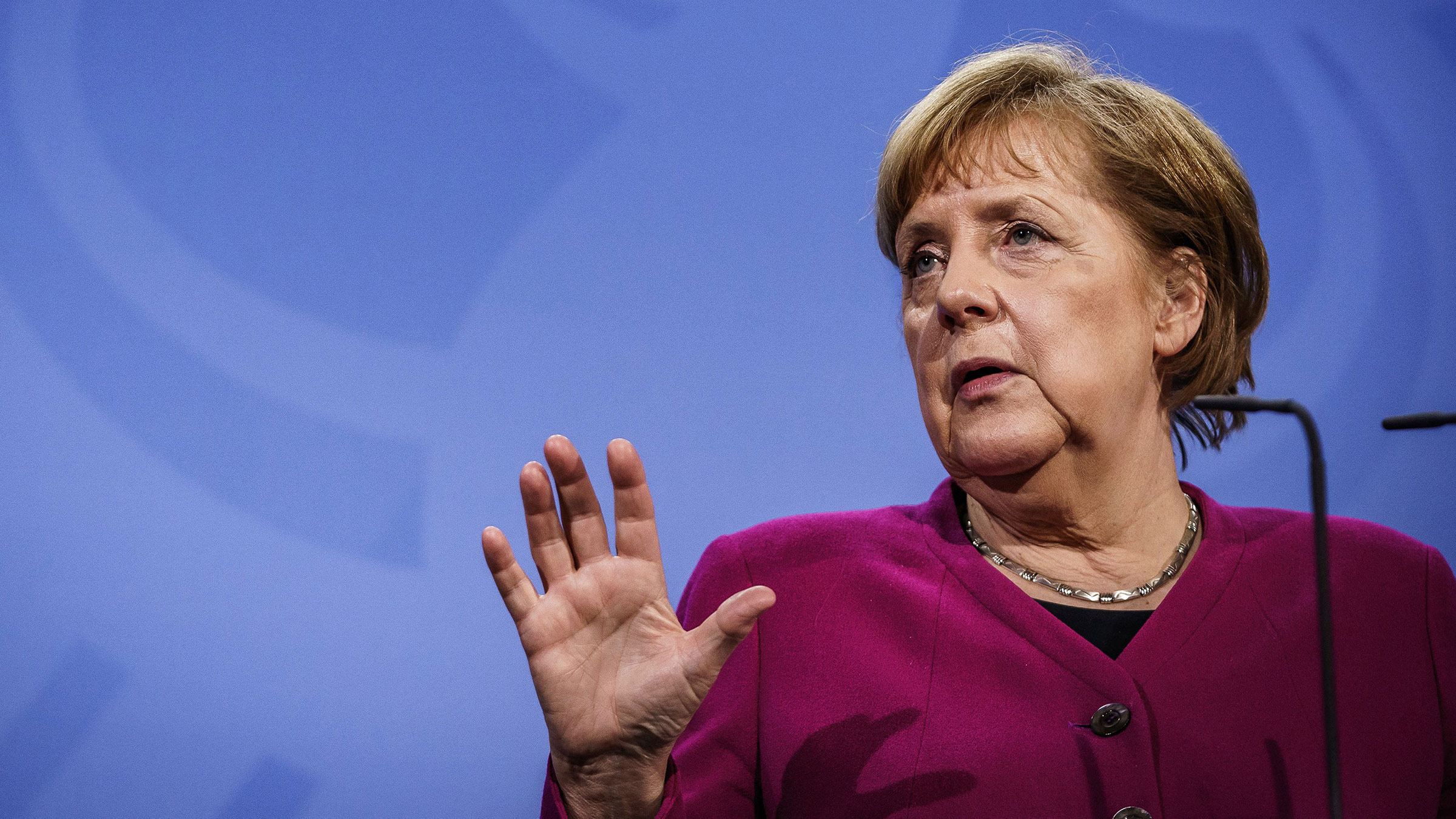 German leader Angela Merkel gives a press statement at the Chancellery in Berlin, on March 25.
