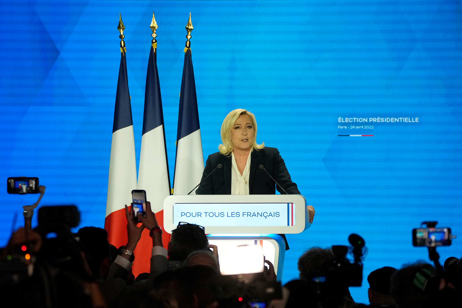 Far-right leader Marine Le Pen speaks after the early result projections of the French presidential election runoff were announced in Paris, Sunday, April 24.