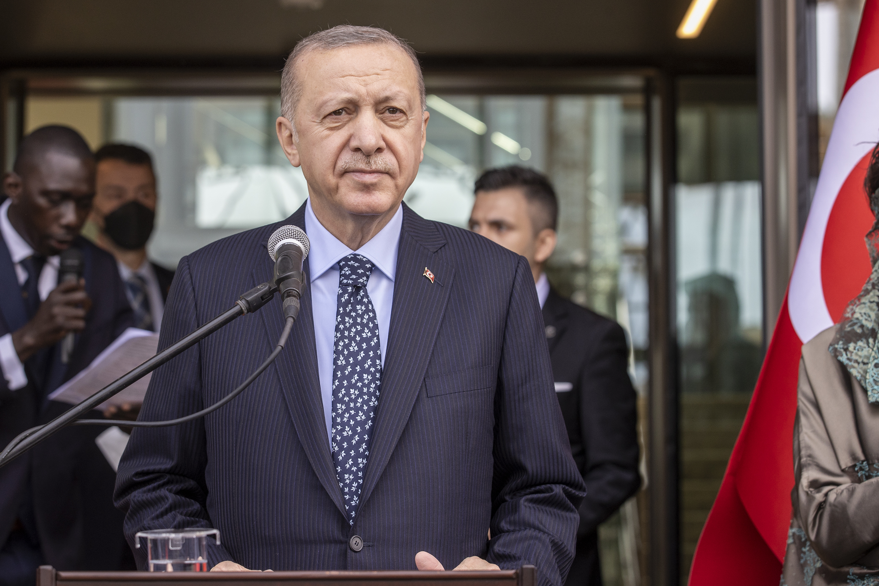 Turkish President Recep Tayyip Erdogan speaks at the Turkish Embassy in Dakar, Senegal on February 22.