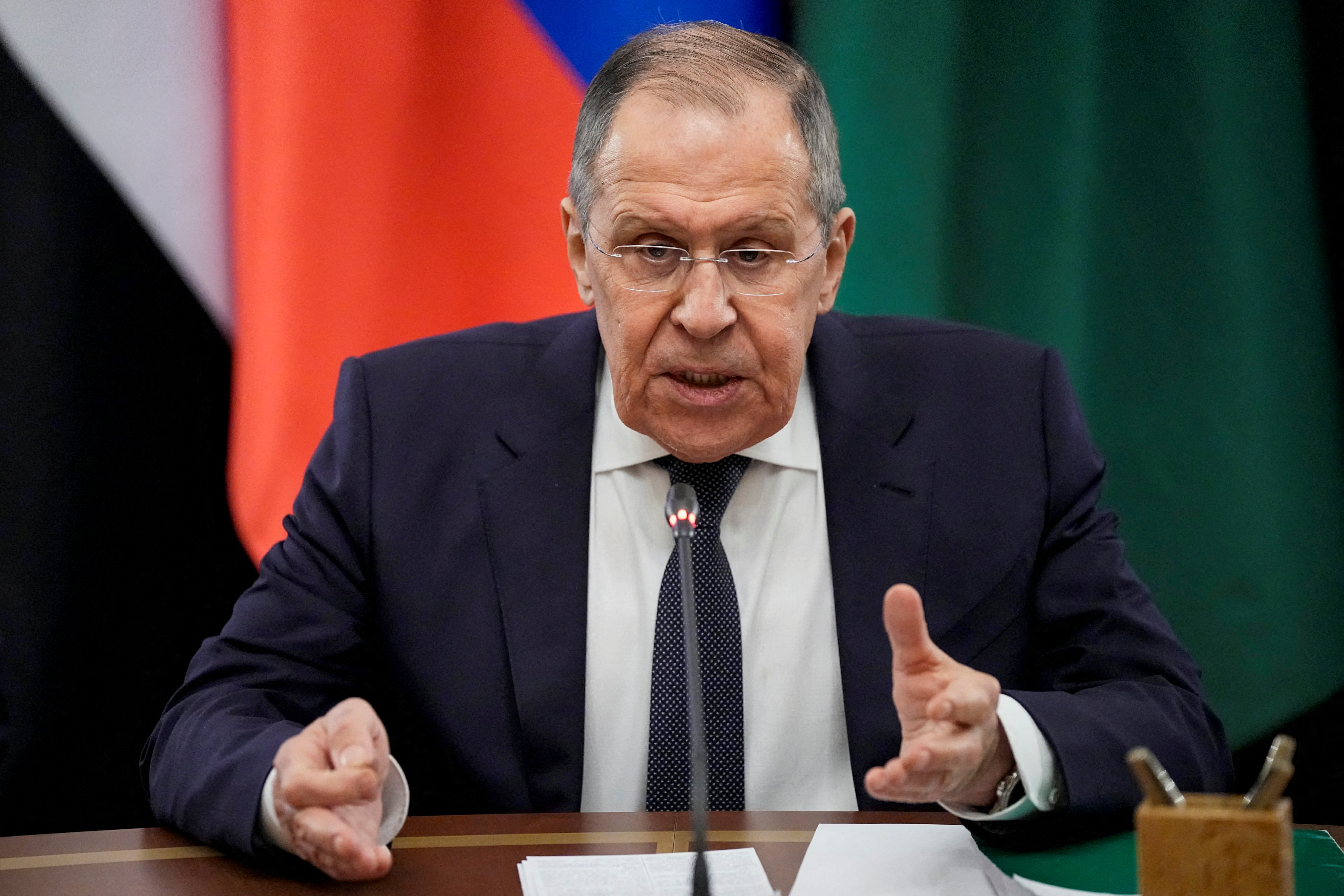 Russian Foreign Minister Sergei Lavrov speaks during his talks with representatives of the Arab League nations, in Moscow, Russia, on April 4.
