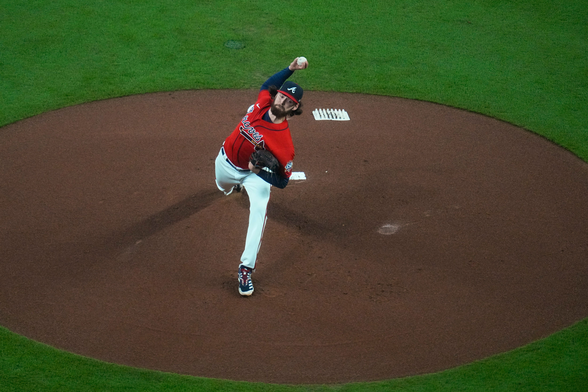 Atlanta Braves starting pitcher Ian Anderson throws during the first inning in Game 3 of baseball's World Series on Friday, October 29, in Atlanta. 