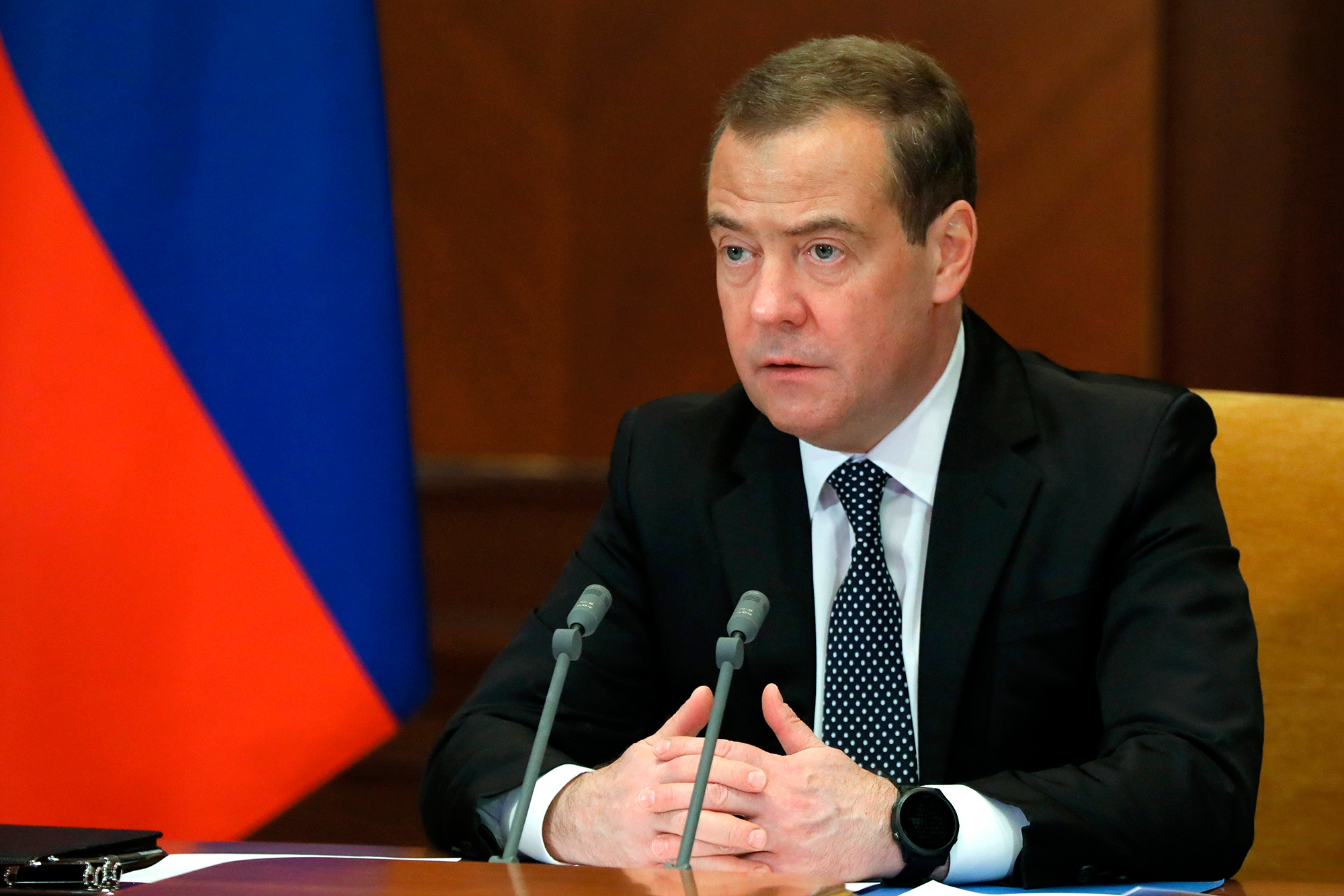 Former Russian President Dmitry Medvedev speaks at a meeting in Moscow, on February 22. 
