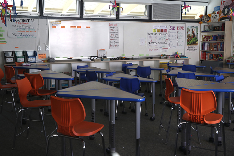  A classroom sits empty at Kent Middle School on April 01, in Kentfield, California. 