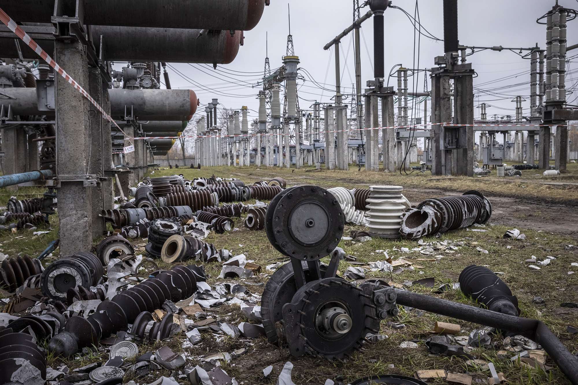 A high voltage substation stands partially destroyed after the Ukrenergo power station was hit by a missile strike on October 10 in central Ukraine.