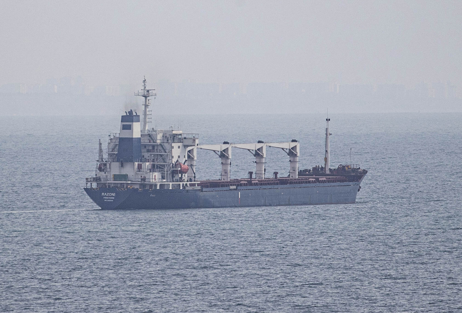 Sierra Leone-flagged dry cargo ship Razoni departs from port of Odesa in Odessa, Ukraine, on August 1.