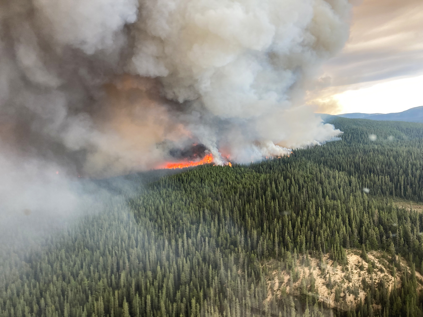 An aerial view of wildfire of Tatkin Lake in British Columbia, Canada on July 10.