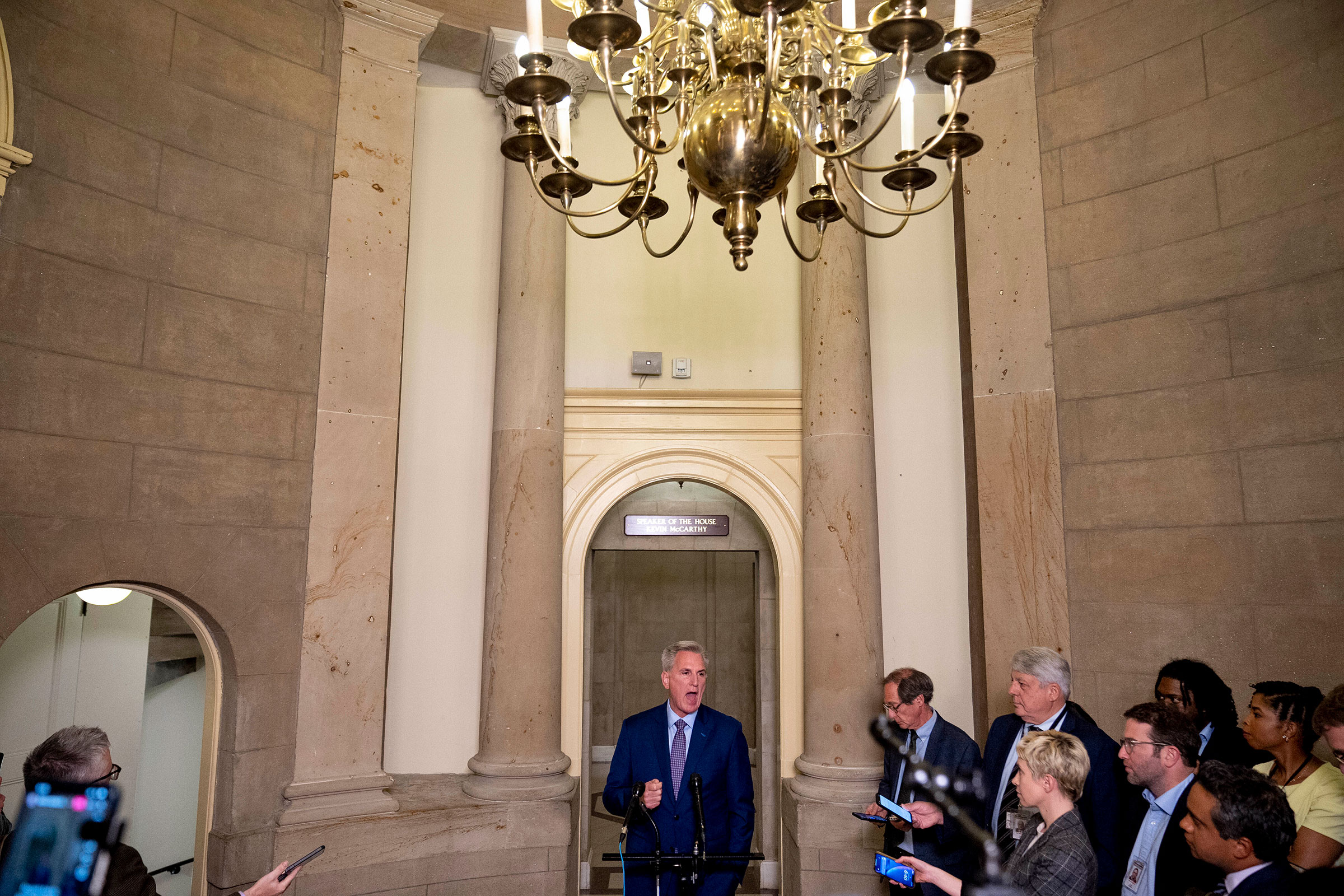 House Majority Leader Kevin McCarthy speaks to reporters outside his office at the Capitol Building in Washington, Tuesday, May 9.