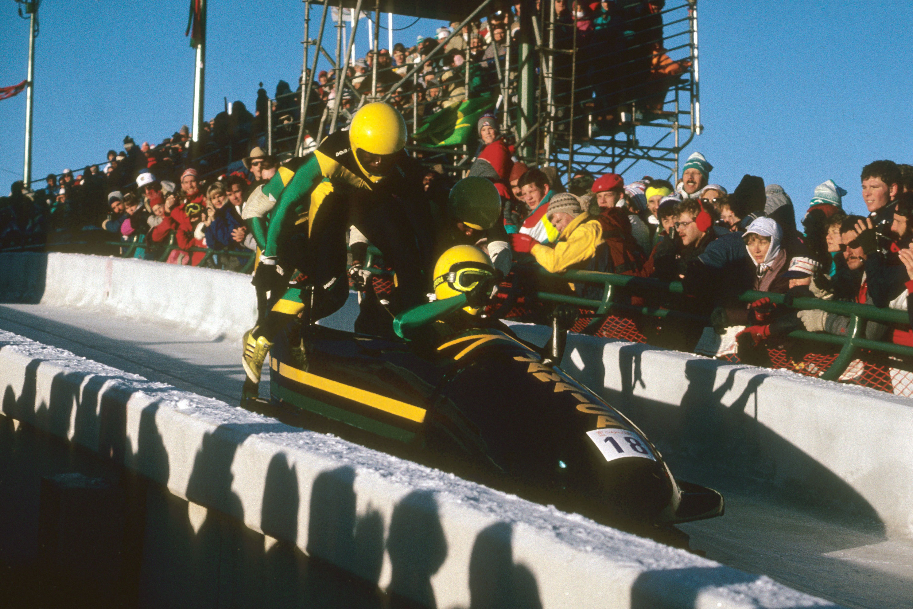 The Jamaican bobsled team at the 1988 Calgary Winter Olympics.