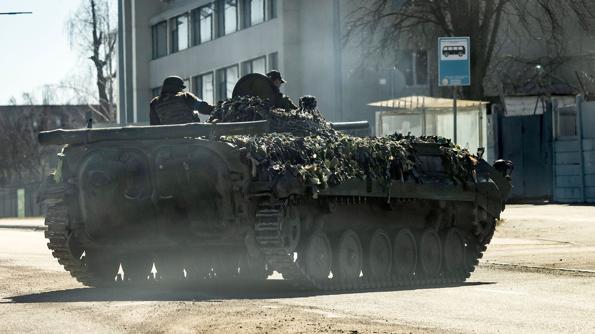 A Ukrainian armored military vehicle is seen on a road in Kyiv, on March 22.