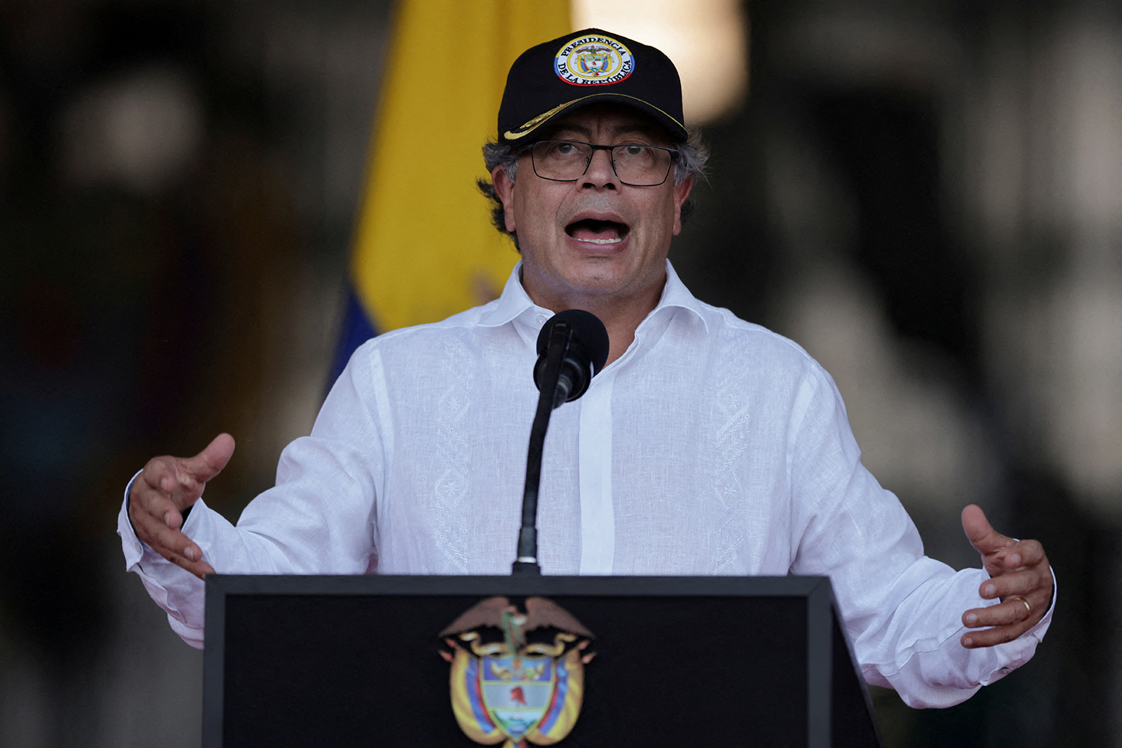 Colombian President Gustavo Petro speaks in Mariquita, Colombia on February 14.