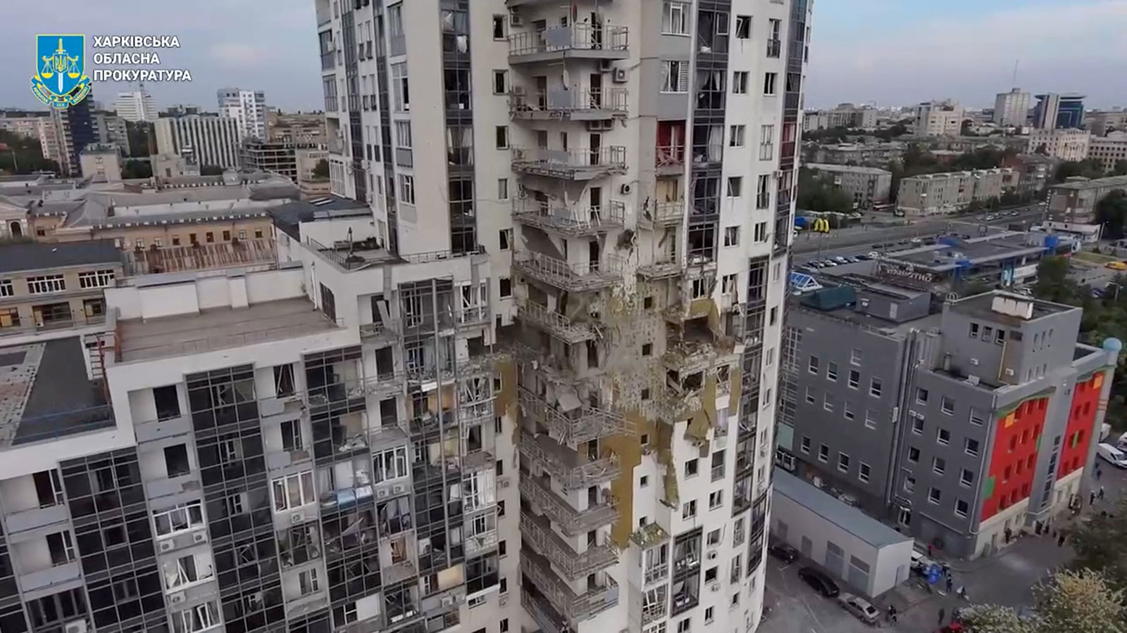 A view of a damaged residential building in the aftermath of a Russian strike in Kharkiv, Ukraine, on Tuesday, May 14.
