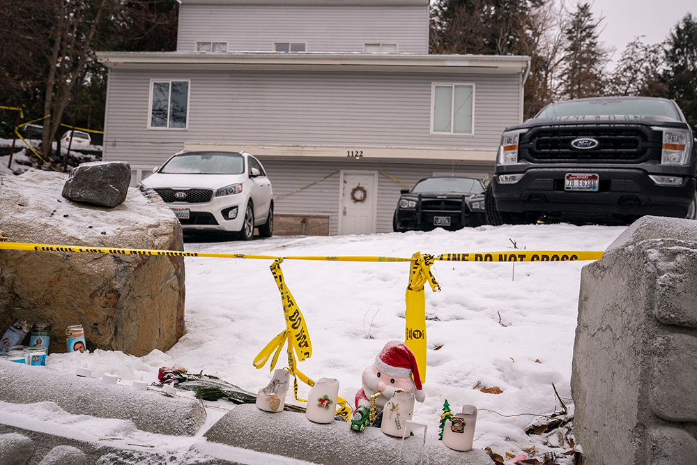 A makeshift memorial sits at the site of a quadruple murder, seen on January 3, in Moscow, Idaho. 
