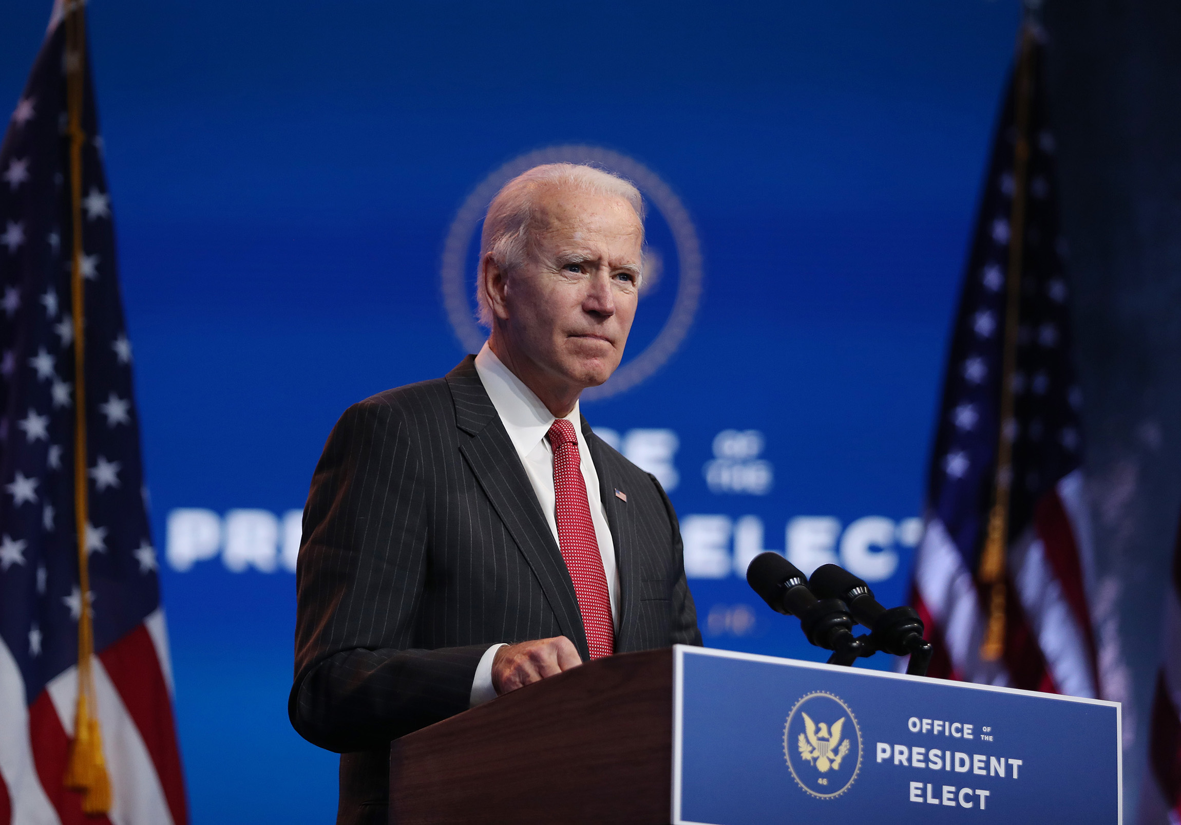 U.S. President-elect Joe Biden addresses the media at the Queen Theater on November 19, in Wilmington, Delaware. 