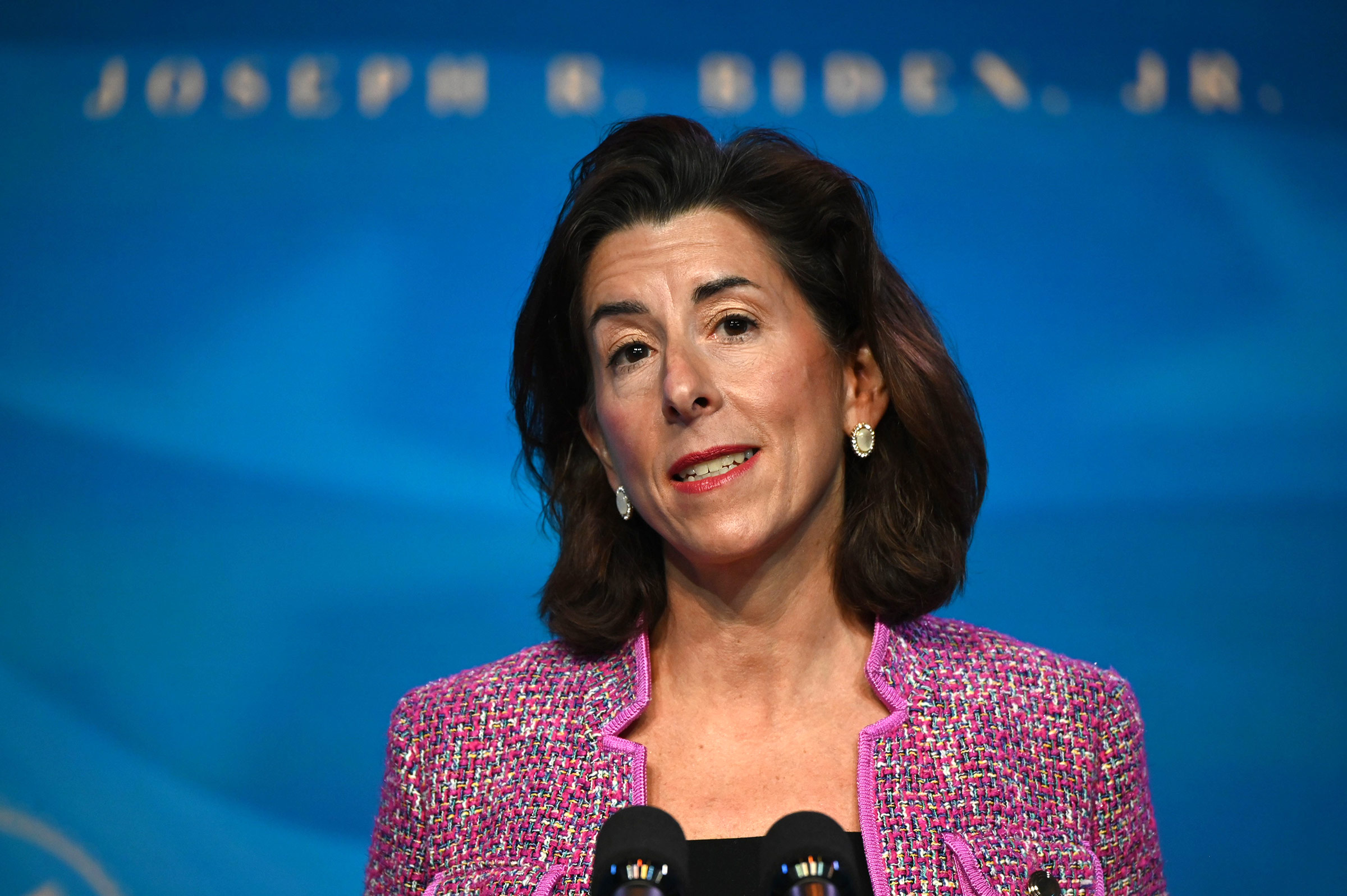 Gina Raimondo speaks at The Queen theater January 8 in Wilmington, Delaware. 