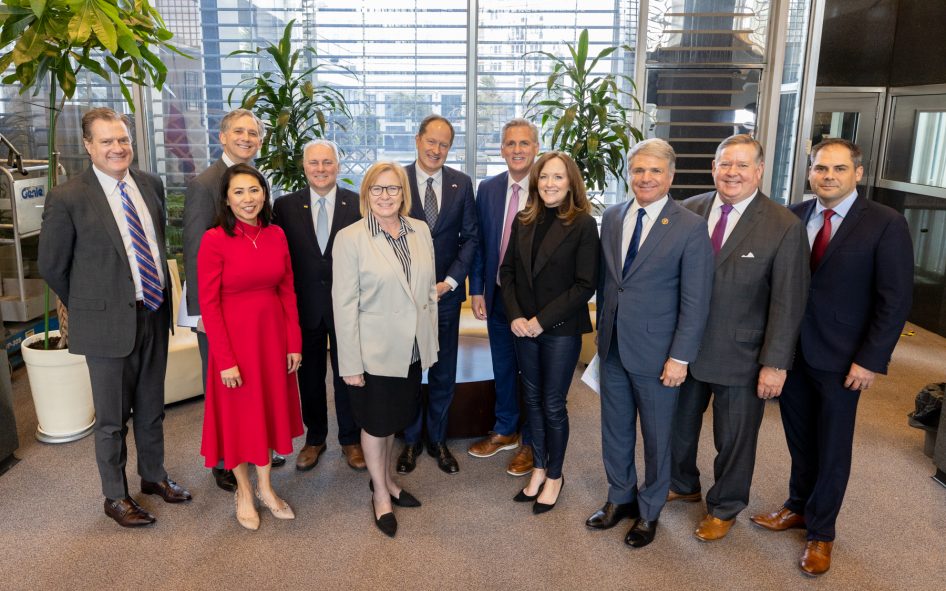 US House Minority Leader Kevin McCarthy’s congressional delegation meets with the US Ambassador to Poland at the embassy in Warsaw, in this handout photo released on April 10. 