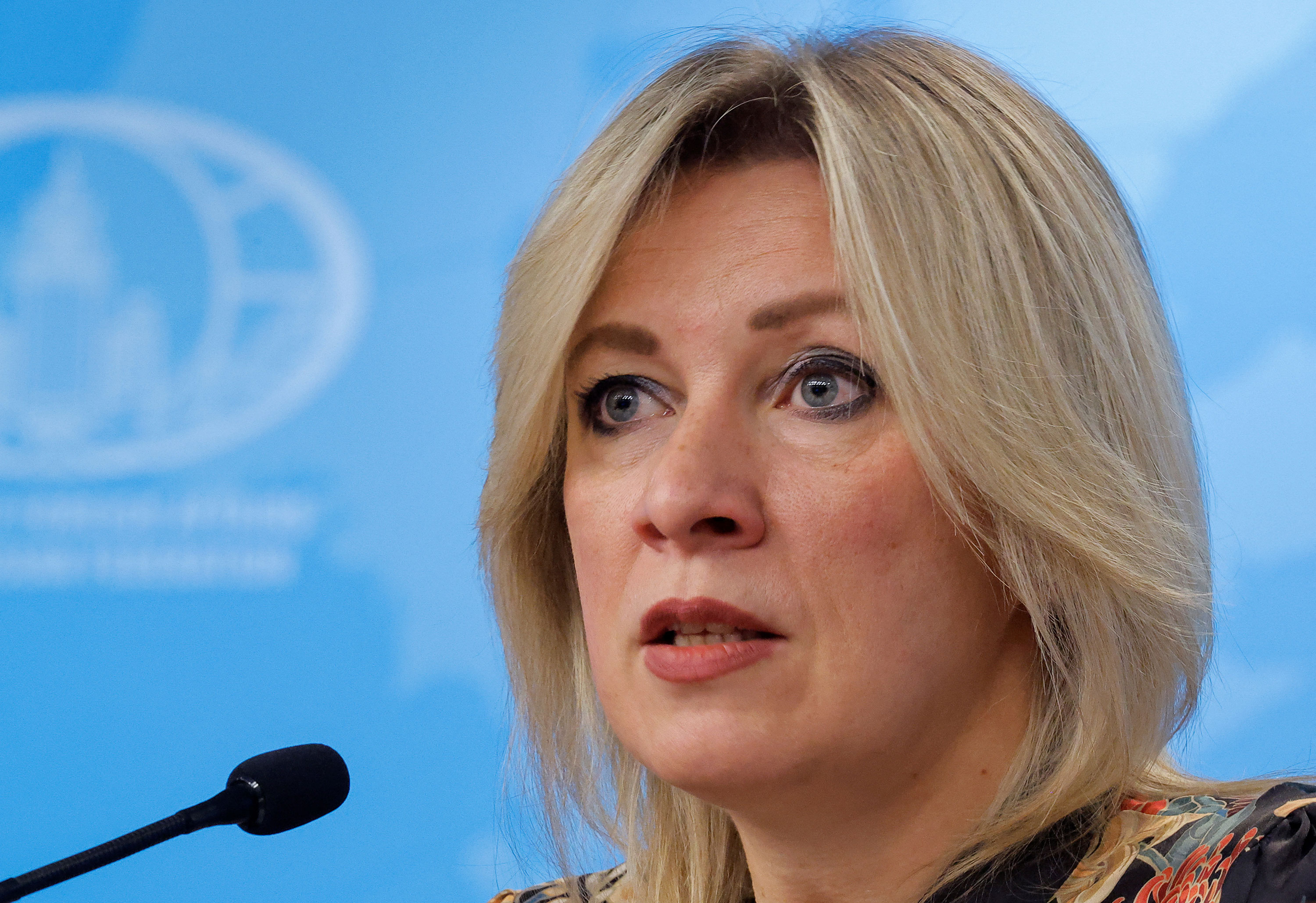 Russian Foreign Ministry spokesperson Maria Zakharova speaks during a news conference in Moscow on April 4. 
