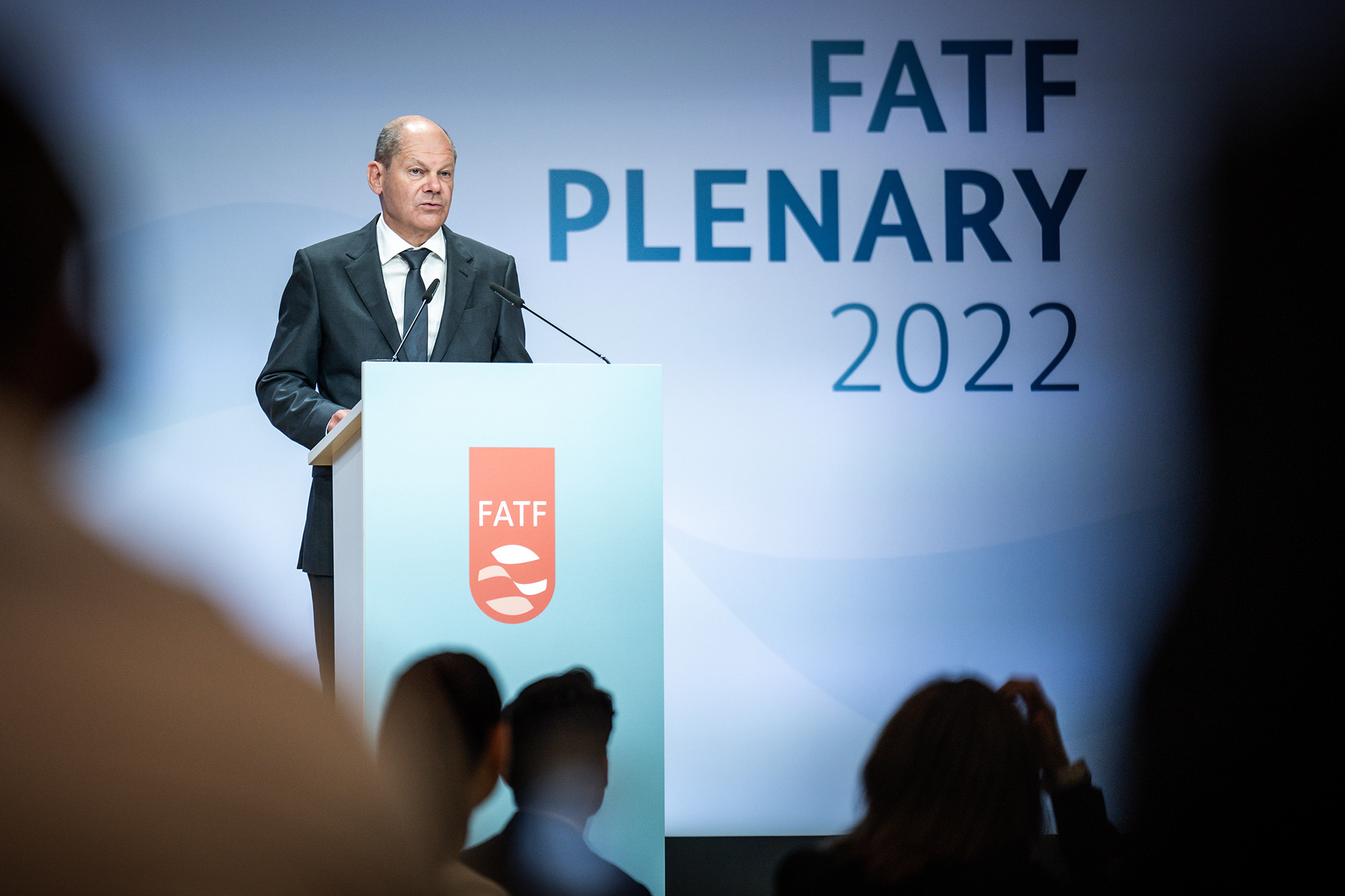 German Chancellor Olaf Scholz speaks at the plenary session of the international Financial Action Task Force (FATF) in Berlin, Germany, on June 14.