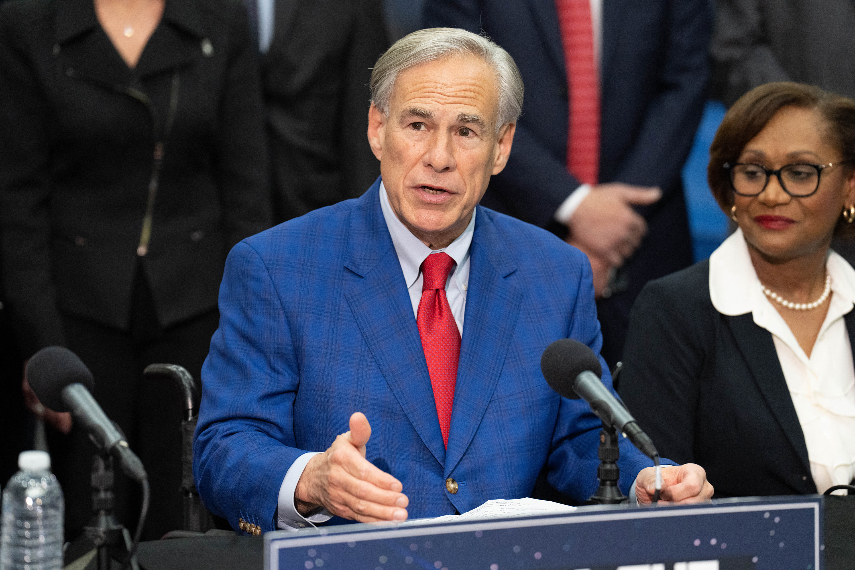 Texas Governor Greg Abbott makes an announcement on the future of the space industry in Texas, at NASA's Johnson Space Center in Houston, Texas, on March 26.