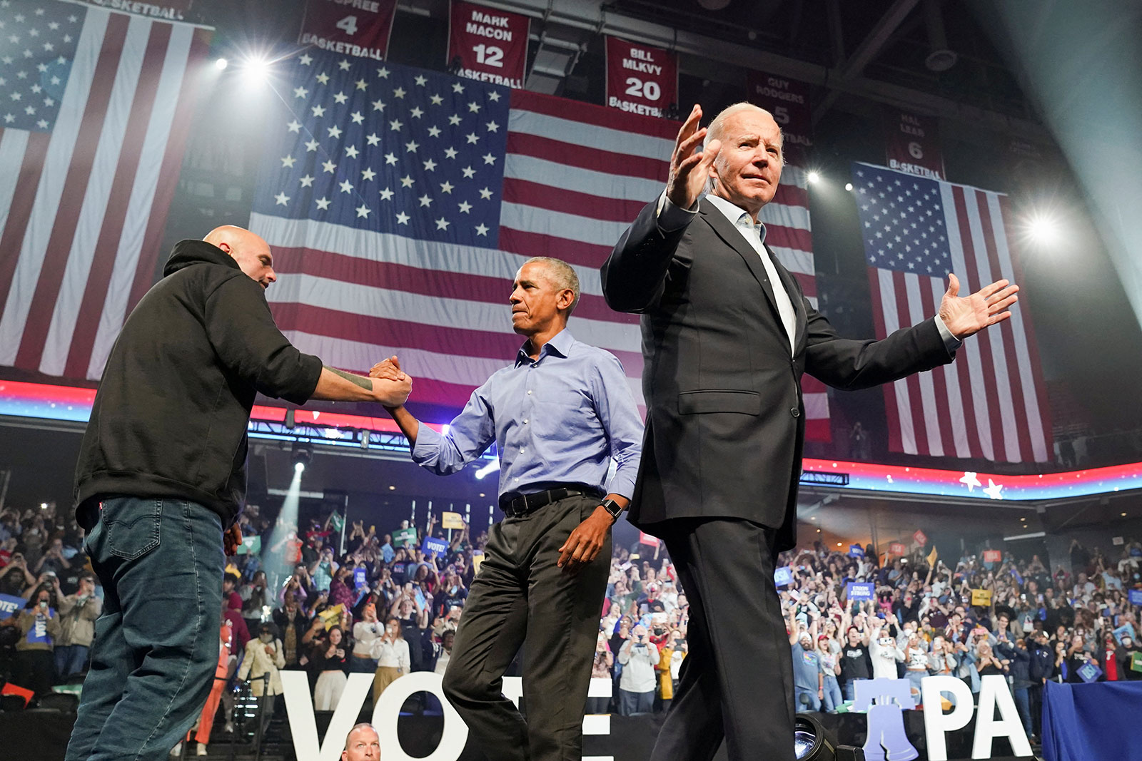 U.S. President Joe Biden and former President Barack Obama take part in the campaigns of Democratic Senate candidate John Fettman and Pennsylvania Governor Josh Shapiro in Philadelphia on Nov. 5.