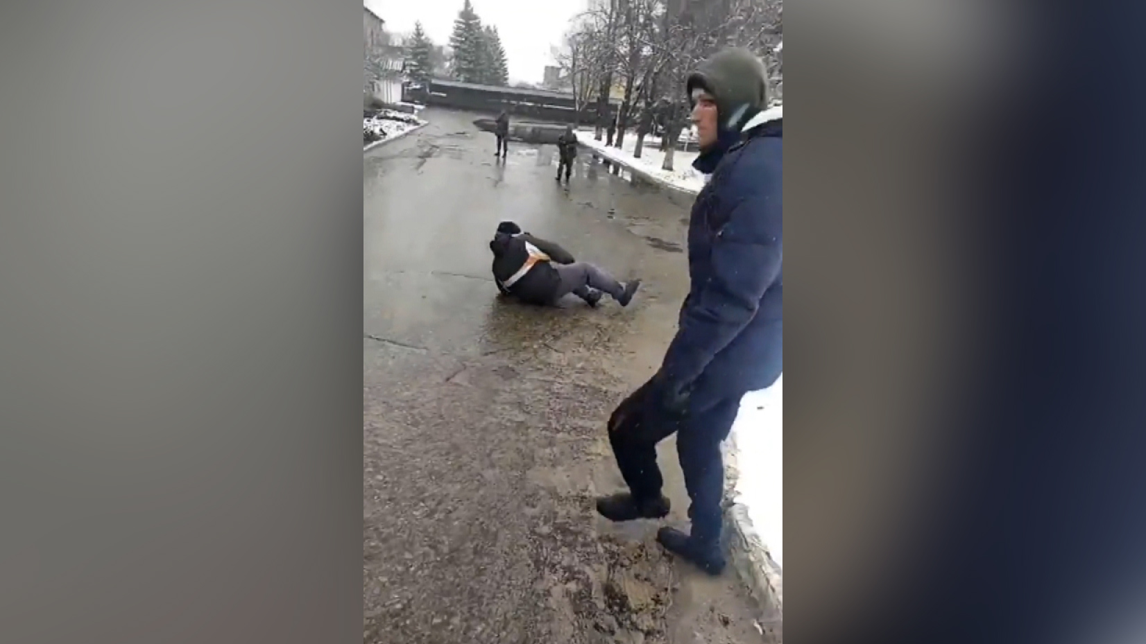 Video posted to social media shows at least one man getting hit by gunfire during a protest against the Russian military in Novopskov, Ukraine. 