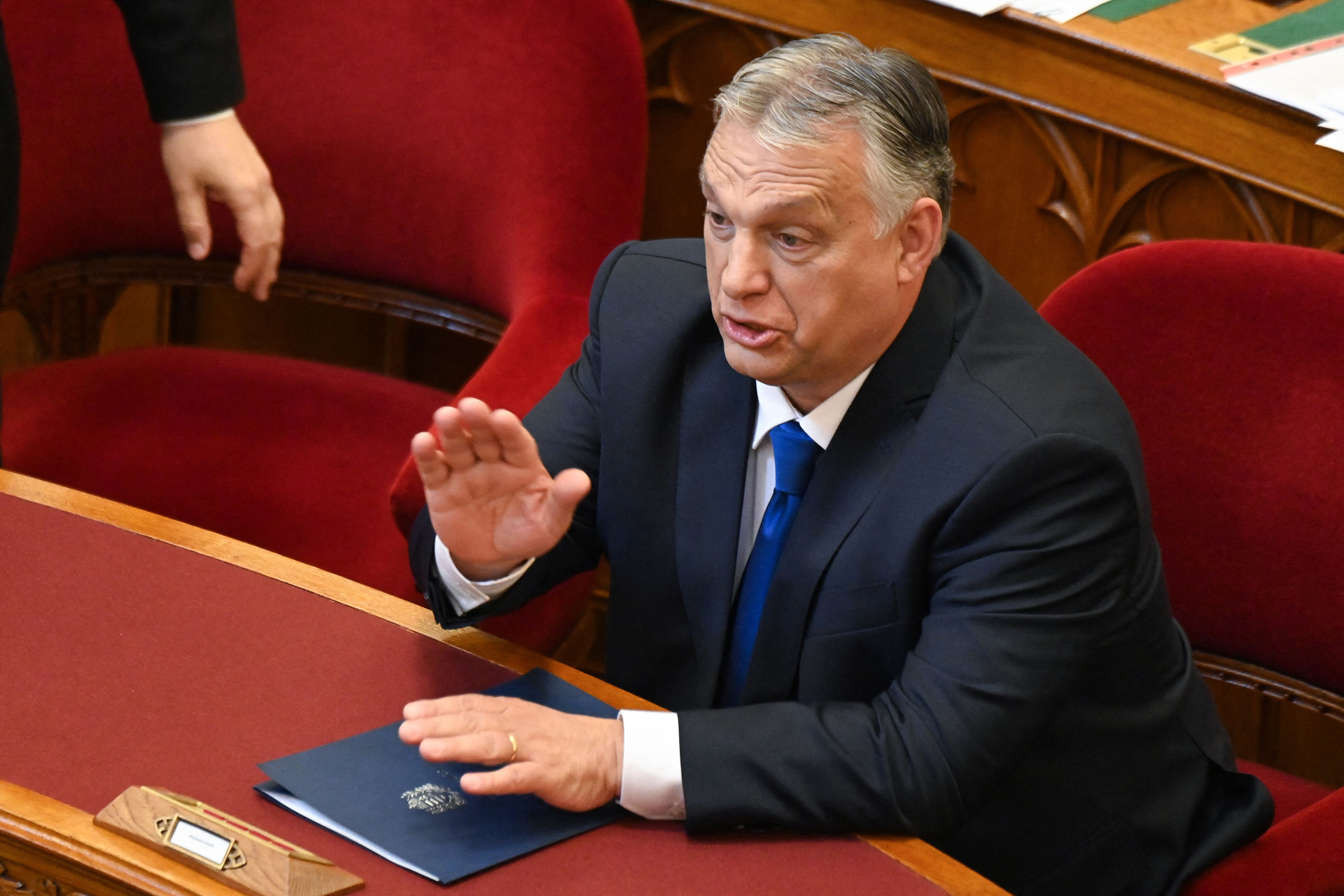 Hungarian Prime Minister Viktor Orban speaks to parliament on May 24 in Budapest. 