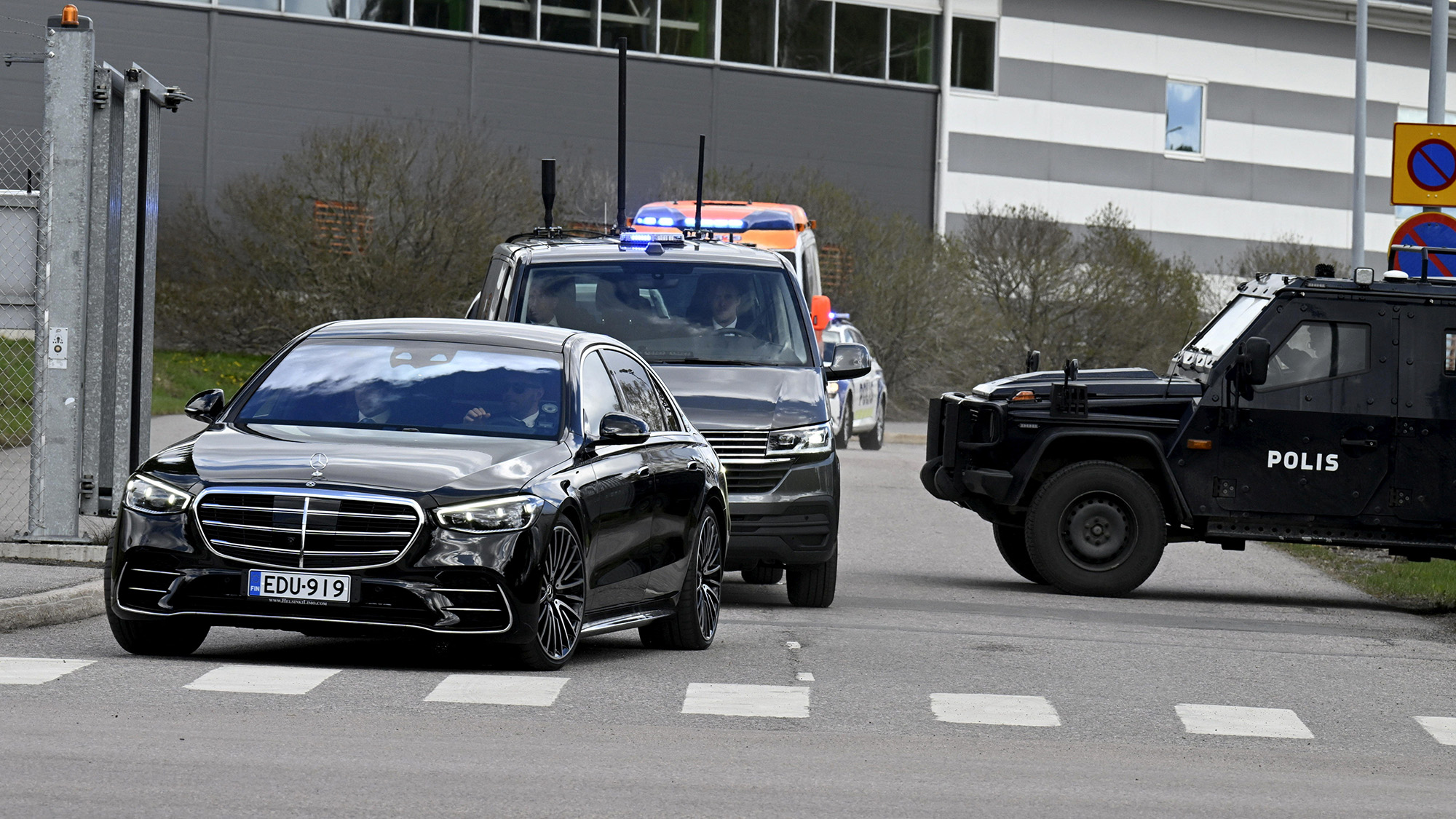 The motorcade with Ukraine's President Volodymyr Zelensky leaves the Helsinki-Vantaa airport, as Ukraine's President arrives on a surprise visit to Finland, in Vantaa, Finland, on May 3.
