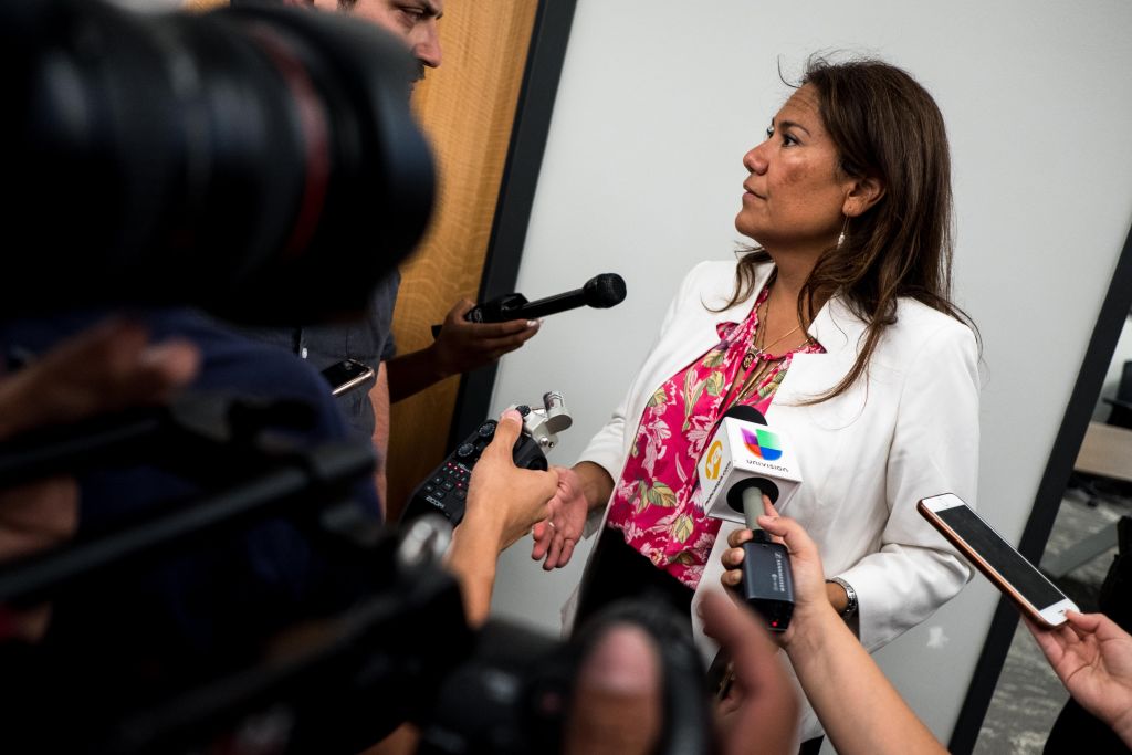Rep. Veronica Escobar (D-TX) answers questions after a news conference following a mass shooting in El Paso, Texas, on Aug. 3, 2019. 