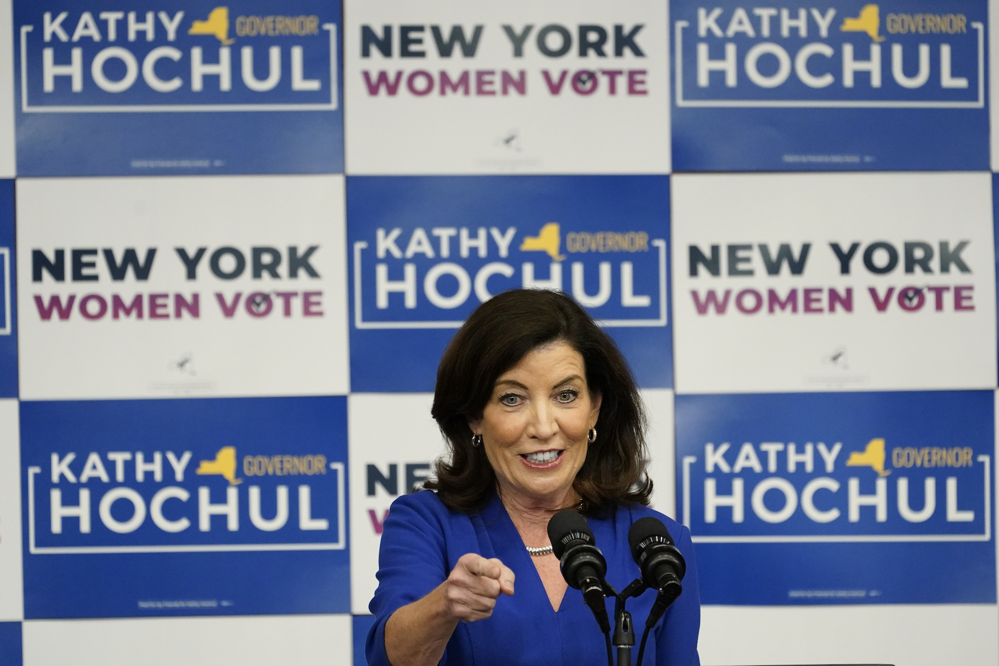 Gov. Kathy Hochul speaks during a campaign event on Thursday at Barnard College in New York City.