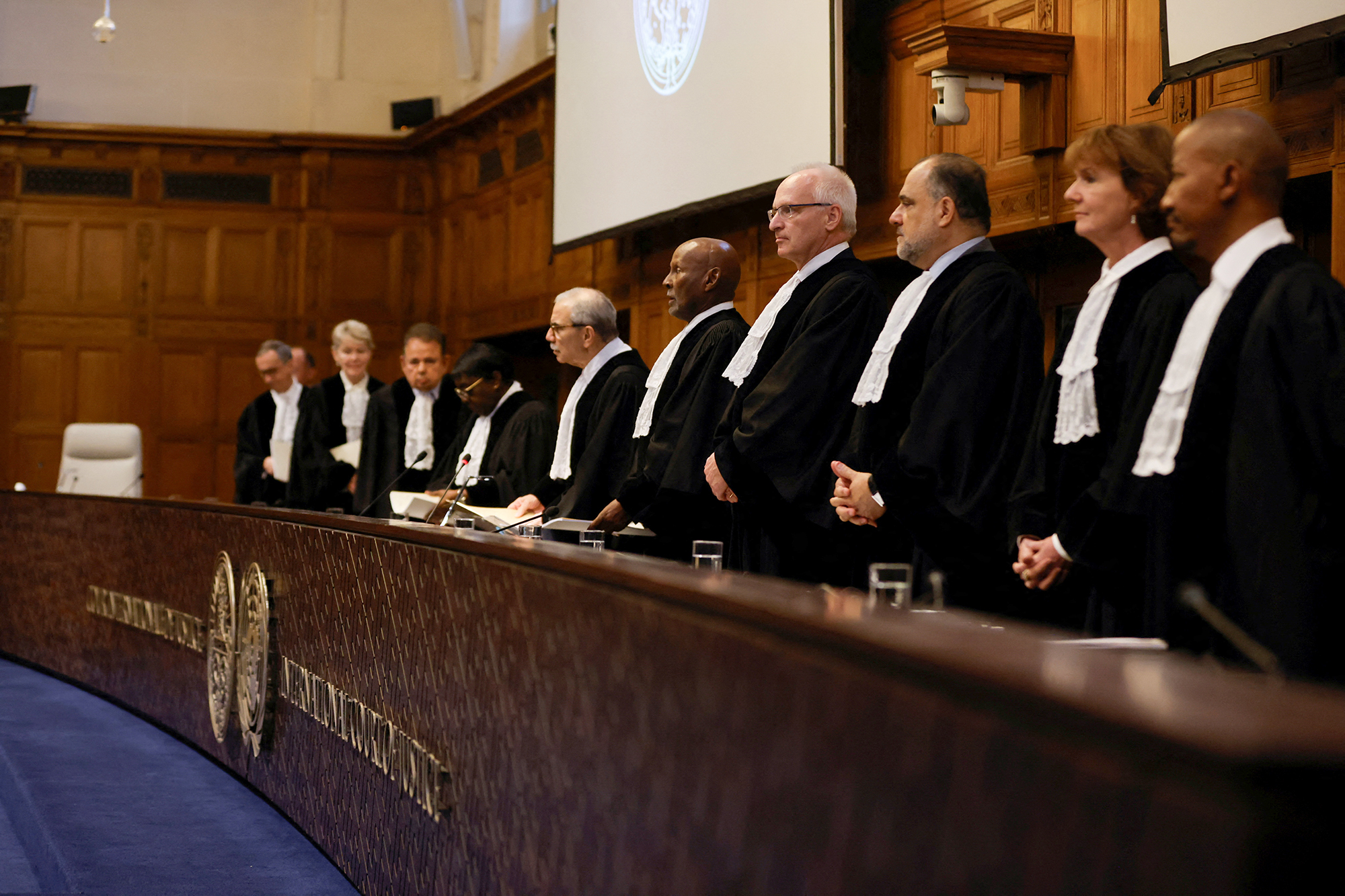Judge Nawaf Salam, center, presides over the International Court of Justice (ICJ), during a ruling on South Africa's request to order a halt to Israel's Rafah offensive in Gaza in The Hague, Netherlands, on May 24.