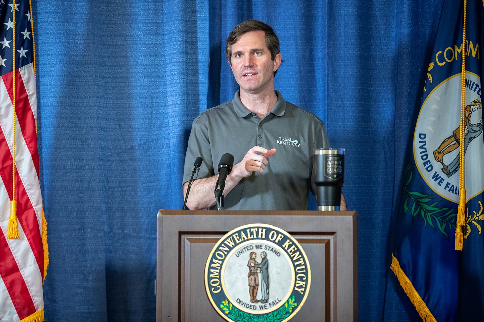 Gov. Andy Beshear speaks during a news conference at the state's Emergency Operations Center at the Boone National Guard Center in Frankfort, Kentucky, on May 3.