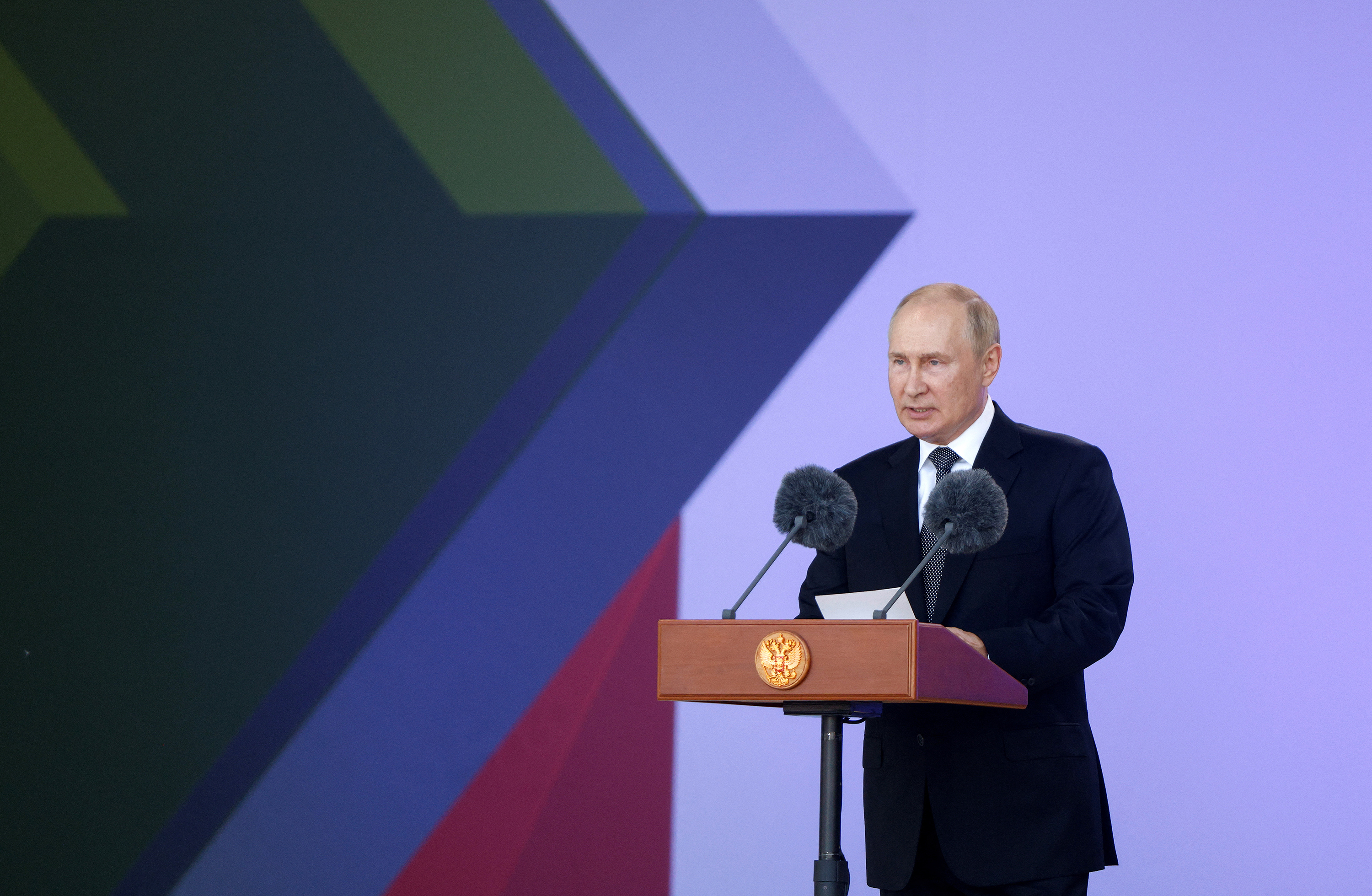 Russian President Vladimir Putin delivers a speech during a ceremony opening the international military-technical forum Army-2022 in the Moscow, Russia on August 15.