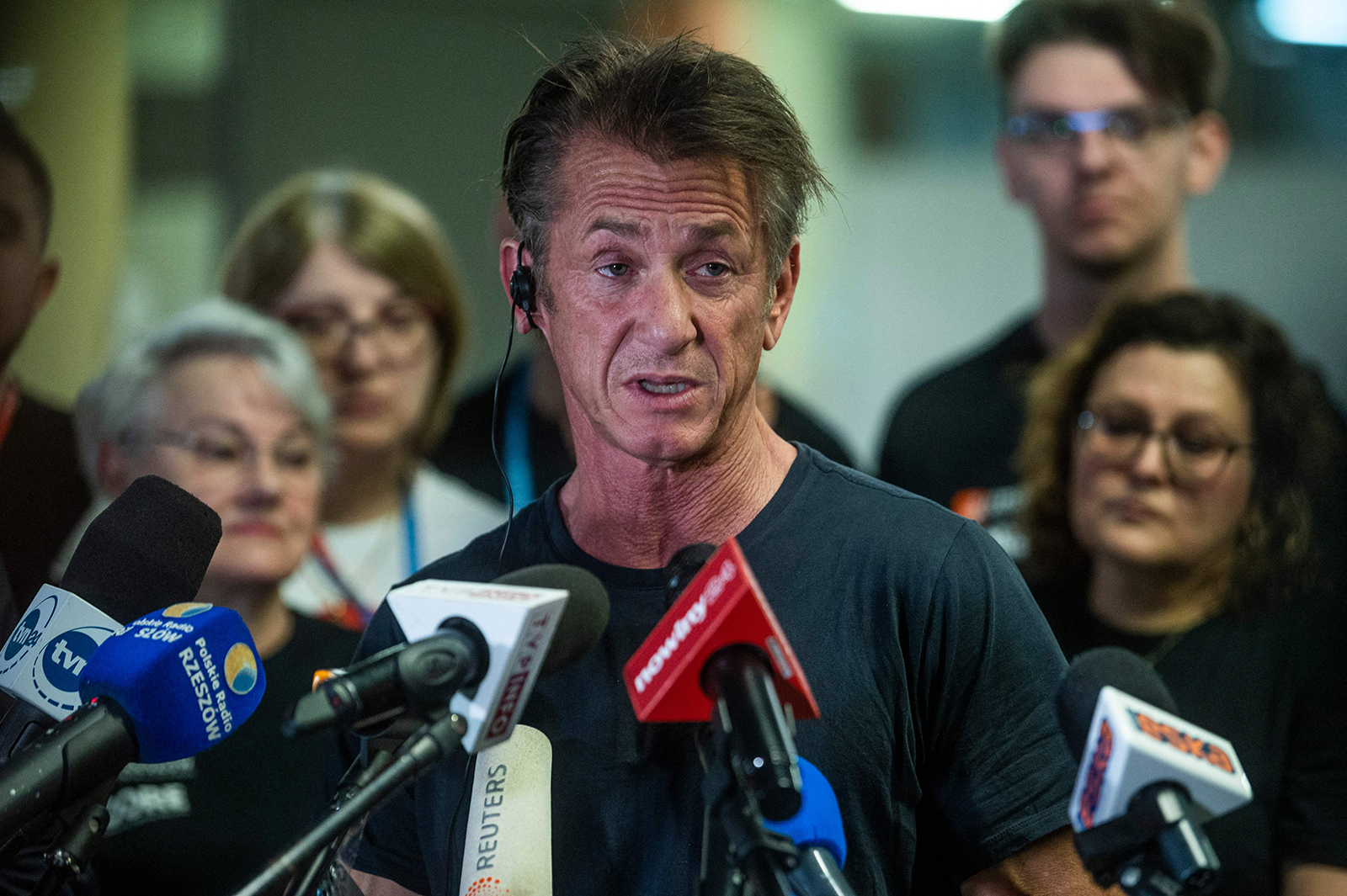  American actor Sean Penn speaks during a press conference on the agreeement of co-operation between the City of Rzeszow and the CORE foundation, on March 25, in Rzeszow, Poland.