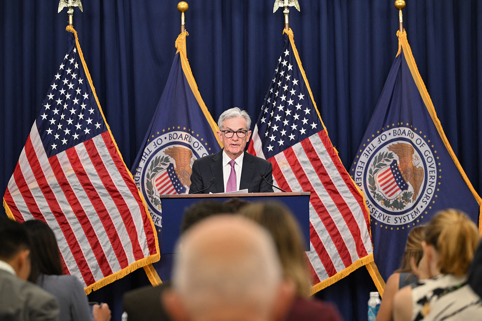 Federal Reserve Board Chairman Jerome Powell speaks during a news conference in Washington, DC, on July 27.