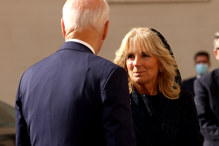 U.S. President Joe Biden and First lady Jill Biden at the San Damaso Courtyard for a meeting with Pope Francis at the Apostolic Palace on October 29, 2021 in Vatican City, Vatican. 