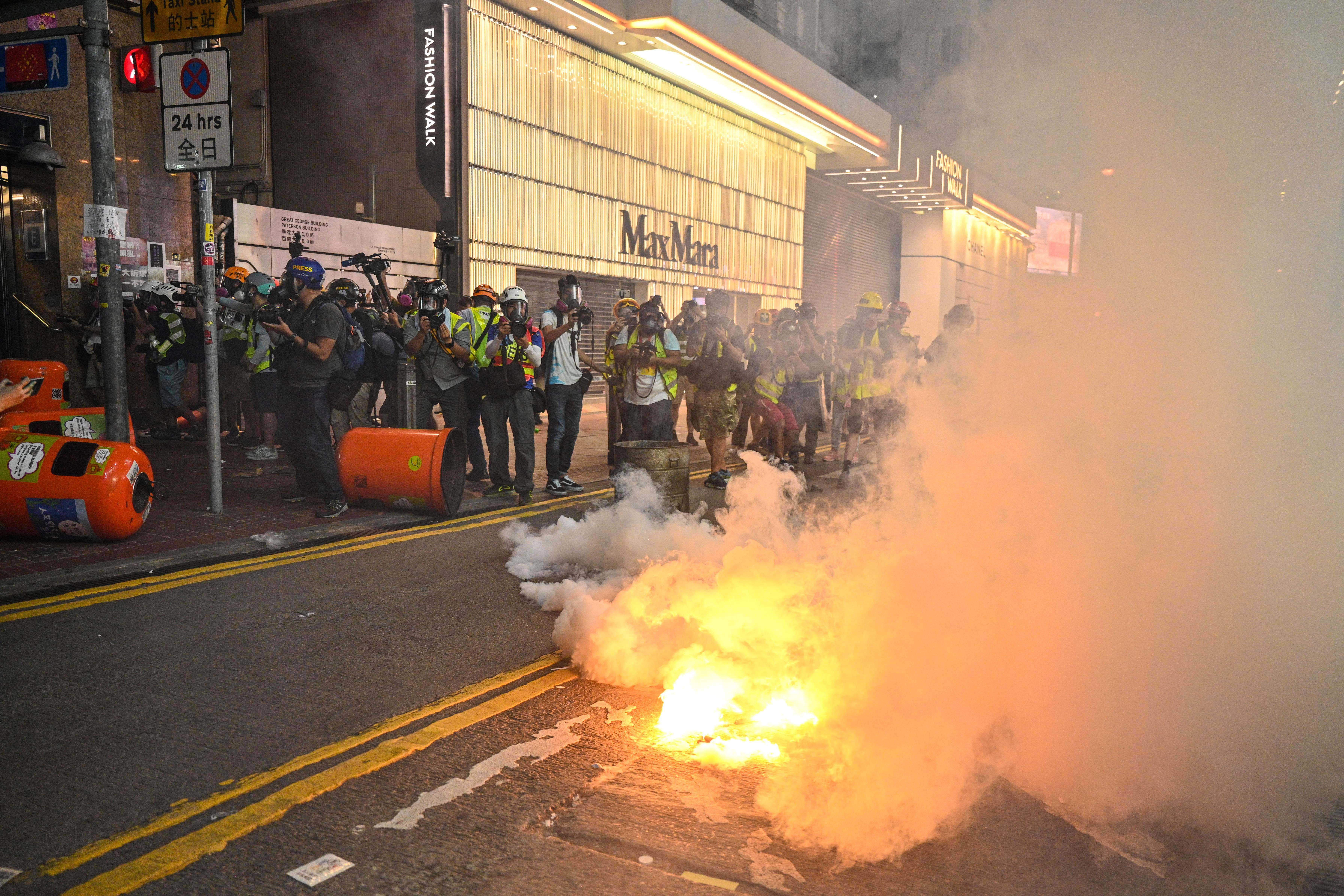 Police try to clear pro-democracy protesters in the Causeway Bay district in Hong Kong.