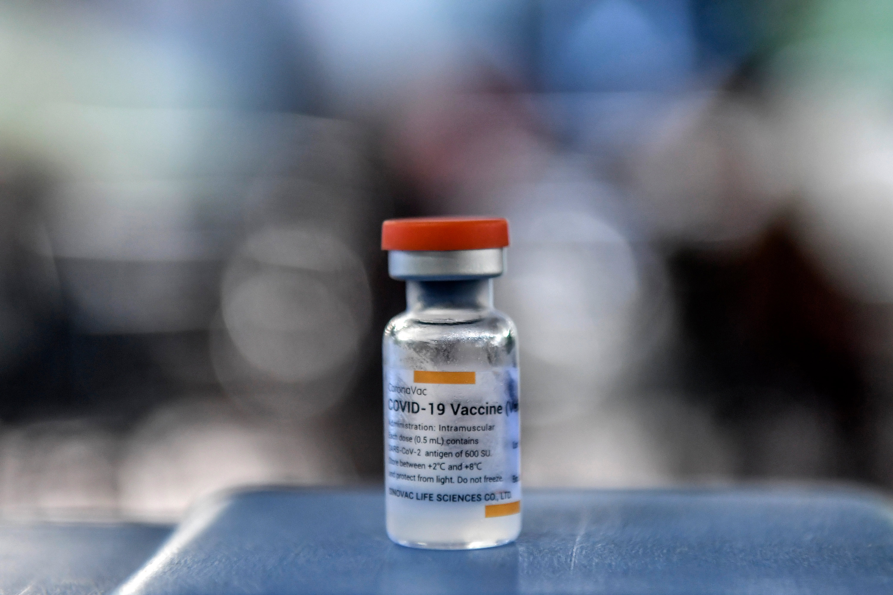 A vial of the Sinovac vaccine against COVID-19 is pictured at the Habitat nursing home in Medellin, Colombia, on February 26.