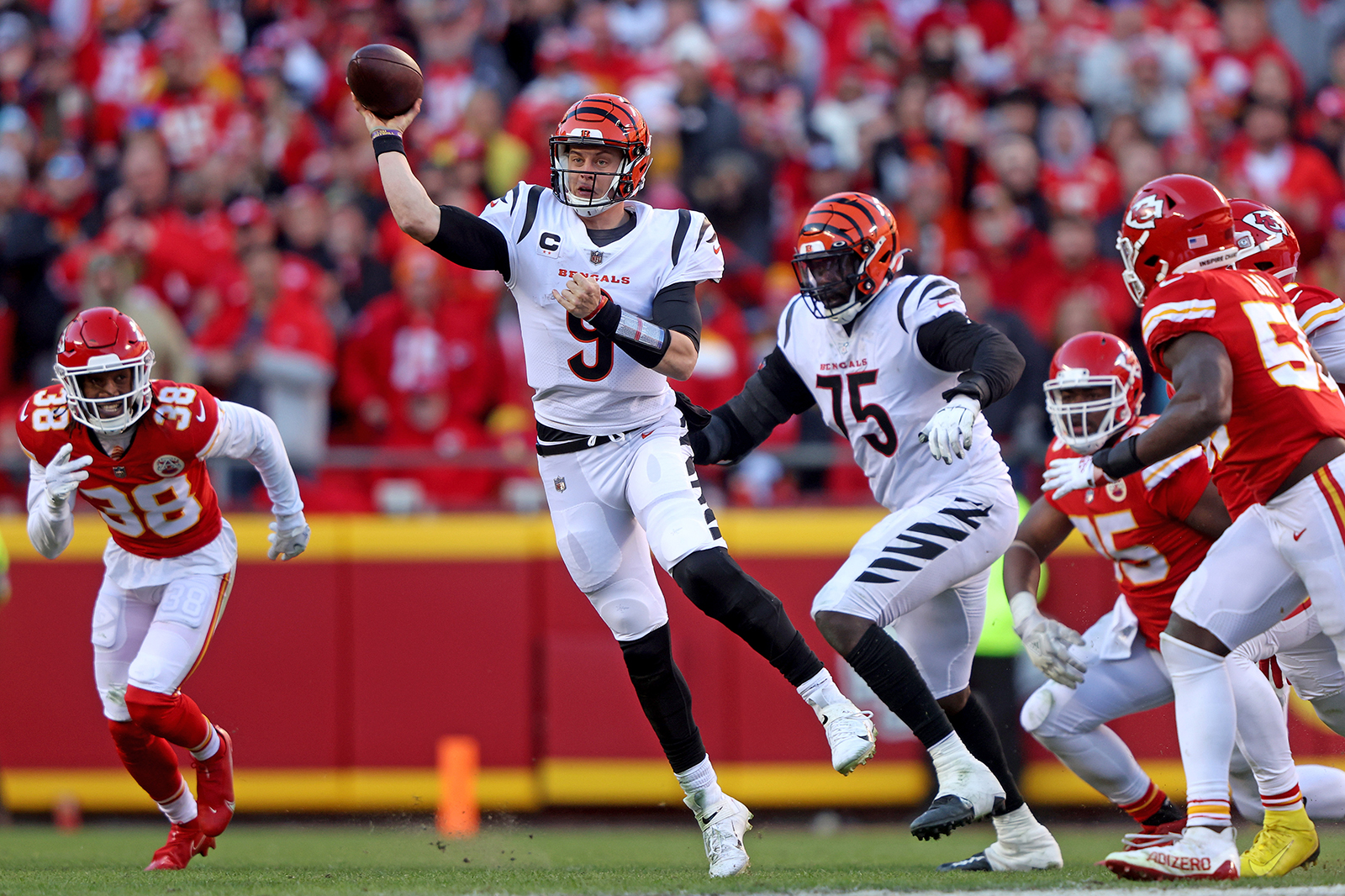 Quarterback Joe Burrow #9 of the Cincinnati Bengals throws the ball against the Kansas City Chiefs on Sunday.