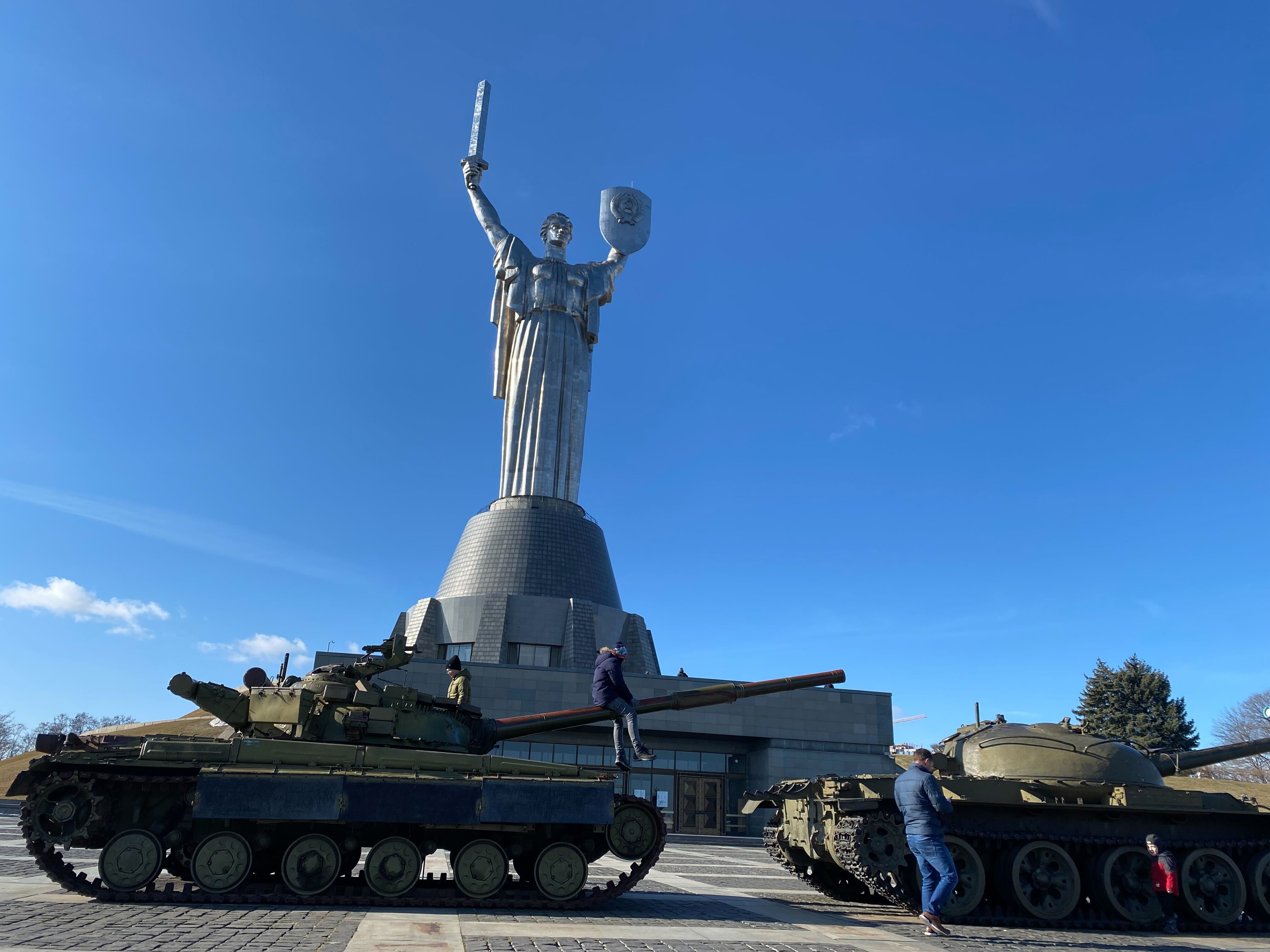 Children play on the tanks that are on display outside the National Museum of the History of Ukraine in the Second World War on Sunday, Ferbruary 20.