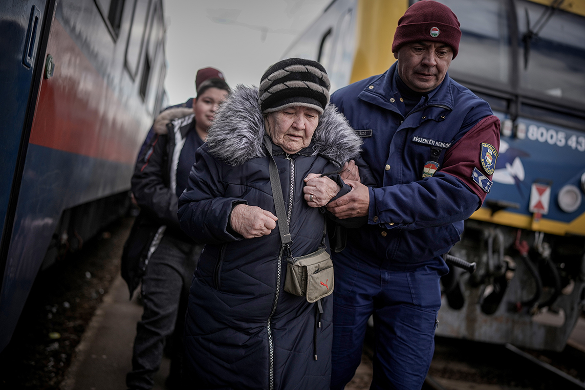 Refugees fleeing Ukraine arrive at the border train station of Zahony on March 8 in Zahony, Hungary. More than 2 million refugees have fled Ukraine since the start of Russia's military offensive, according to the UN. 