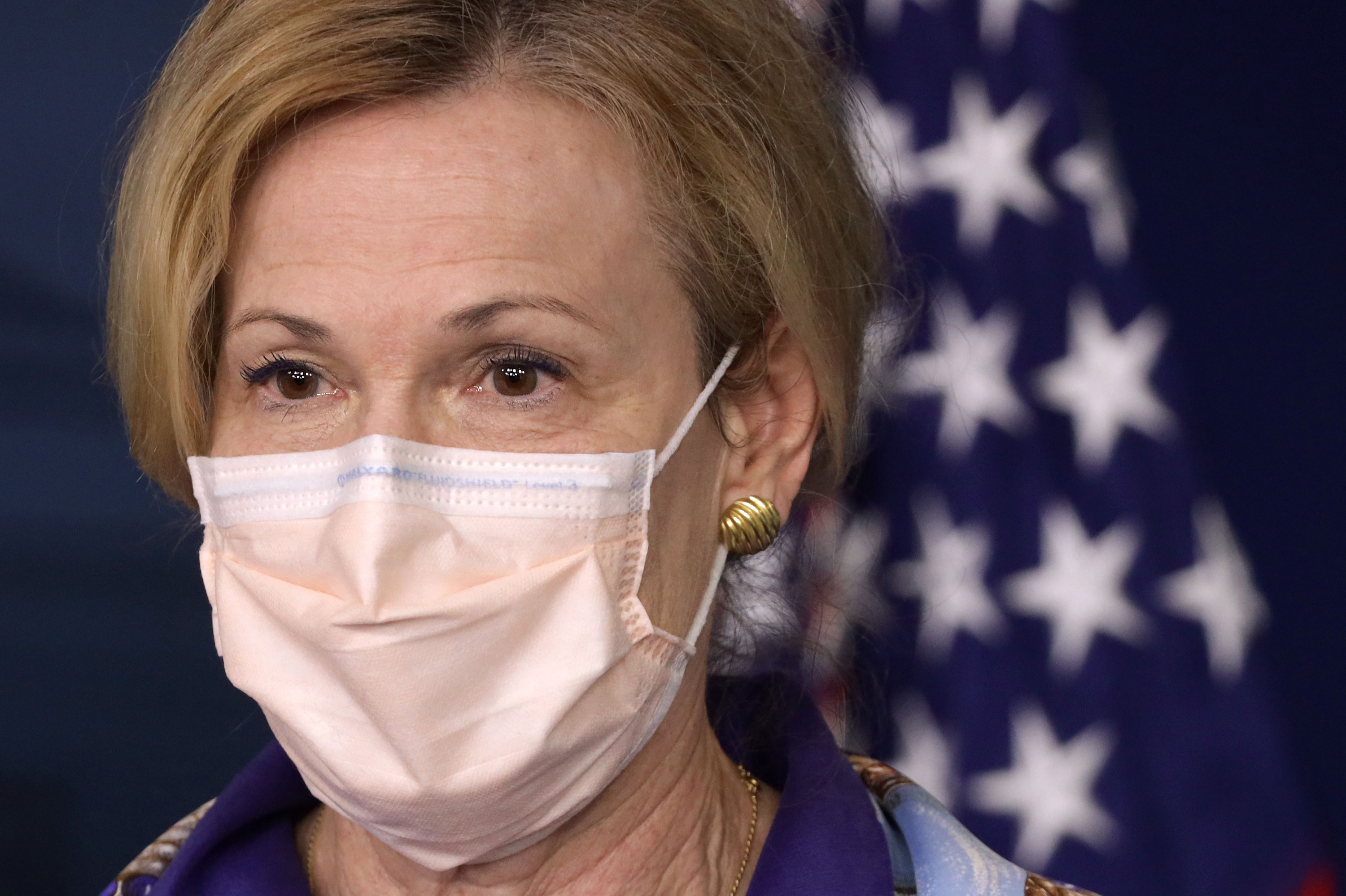 Dr. Deborah Birx speaks with a facemask on during a briefing at the White House on May 22.