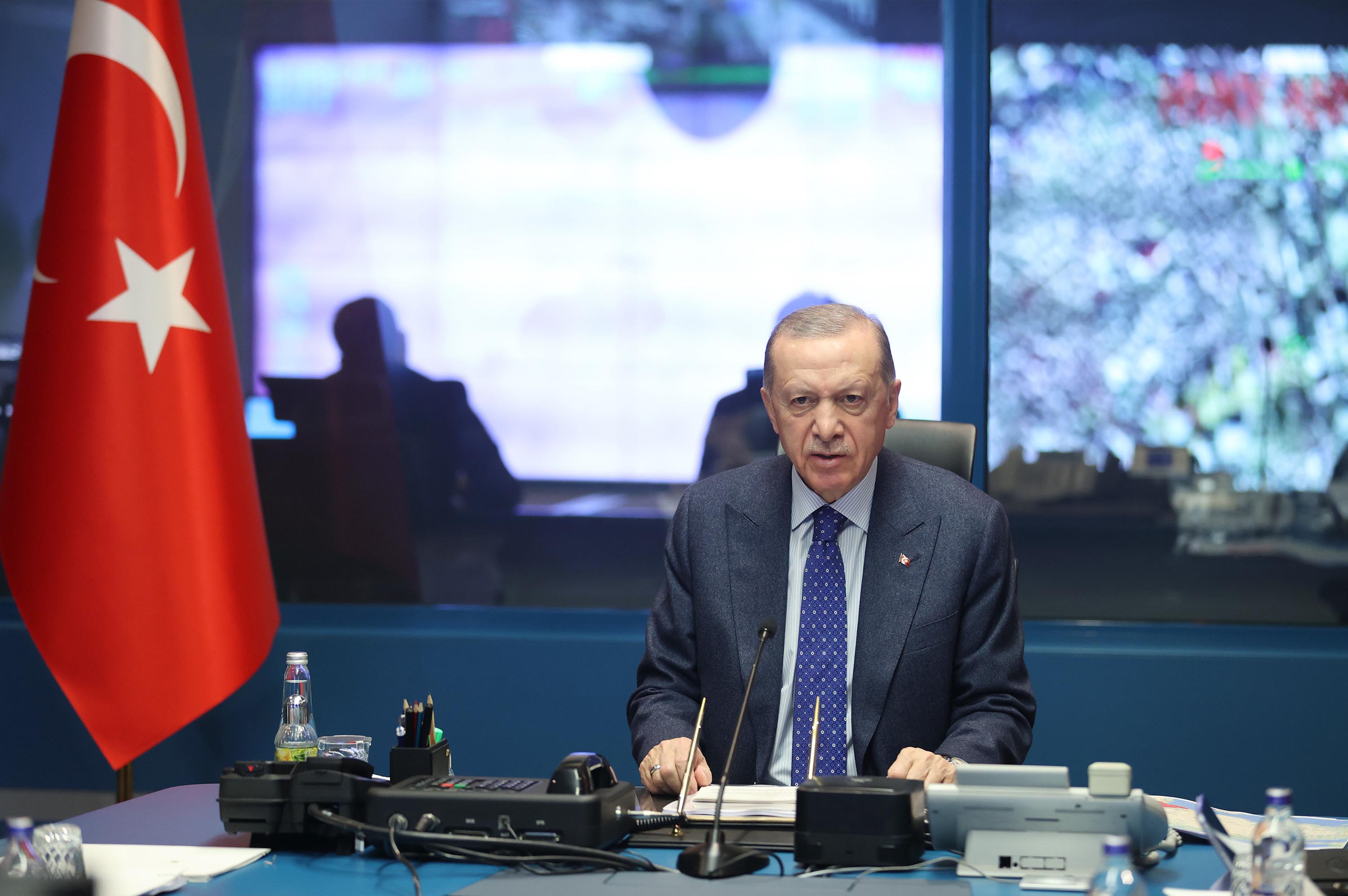 Turkish President Recep Tayyip Erdogan speaks to press on February 7, in Ankara, Turkey.