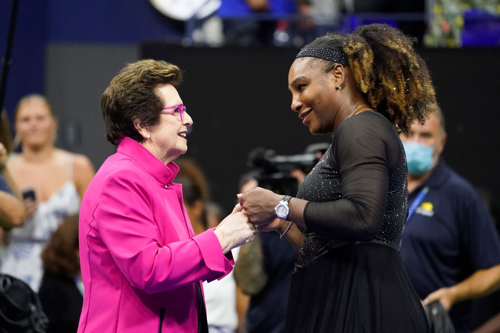 Tennis icon Billie Jean King congratulates Serena Williams after Monday's match.