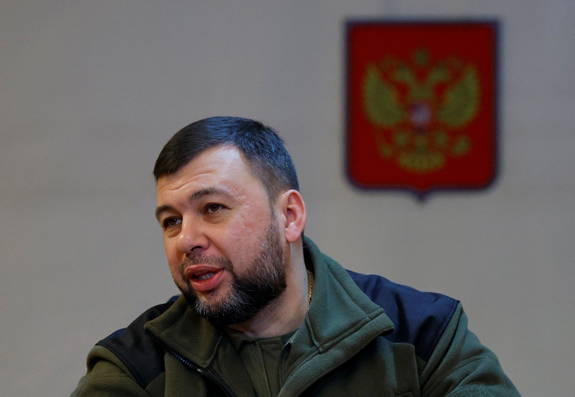 Denis Pushilin attends a meeting with servicemen from Russian-controlled parts of Donetsk and Luhansk regions in Donetsk, Ukraine, on November 6.