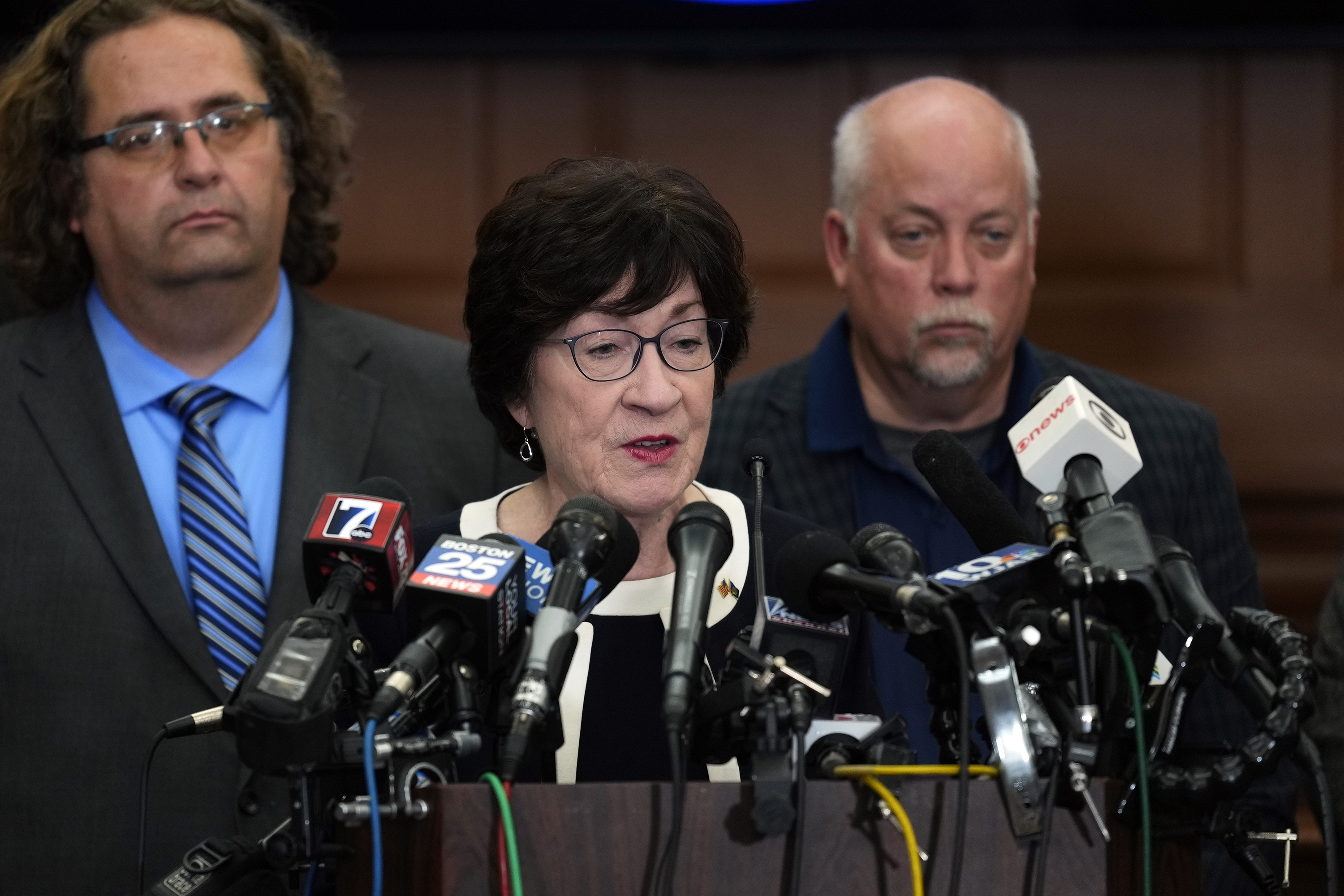 Sen. Susan Collins, R-Maine, speaks with members of the media in the aftermath of a mass shootings in Lewiston, Maine, on October 26.