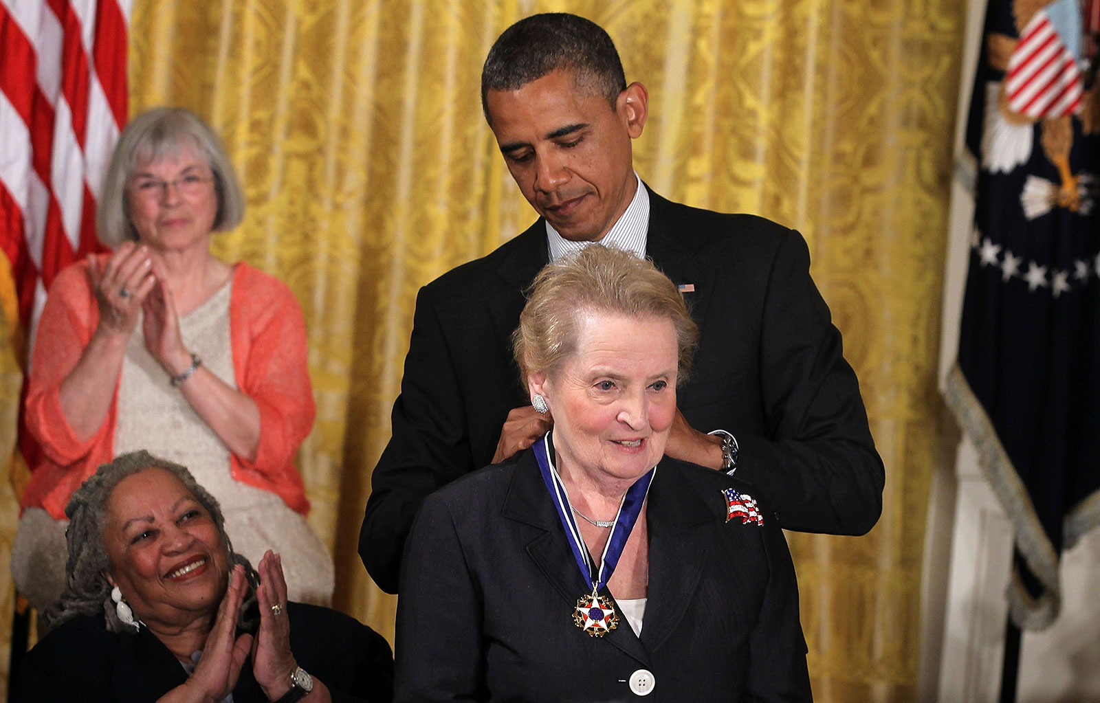 Former US Secretary of State Madeleine Albright is presented with a Presidential Medal of Freedom by President Barack Obama in 2012.