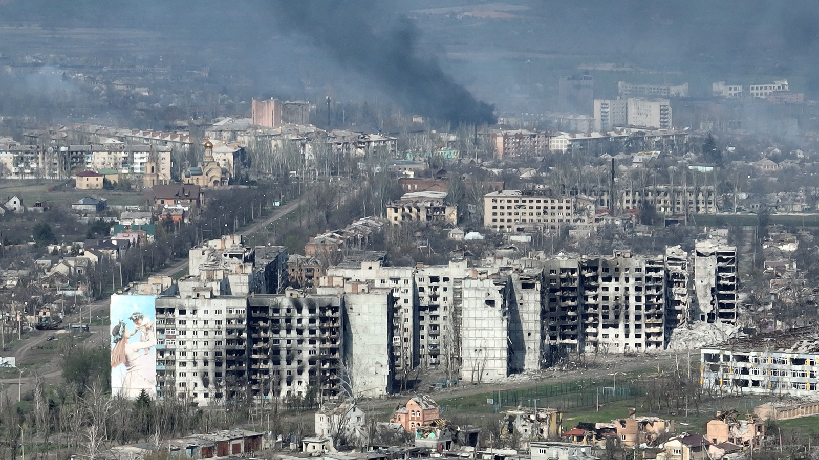 In this drone footage smoke is seen in Bakhmut on April 15.