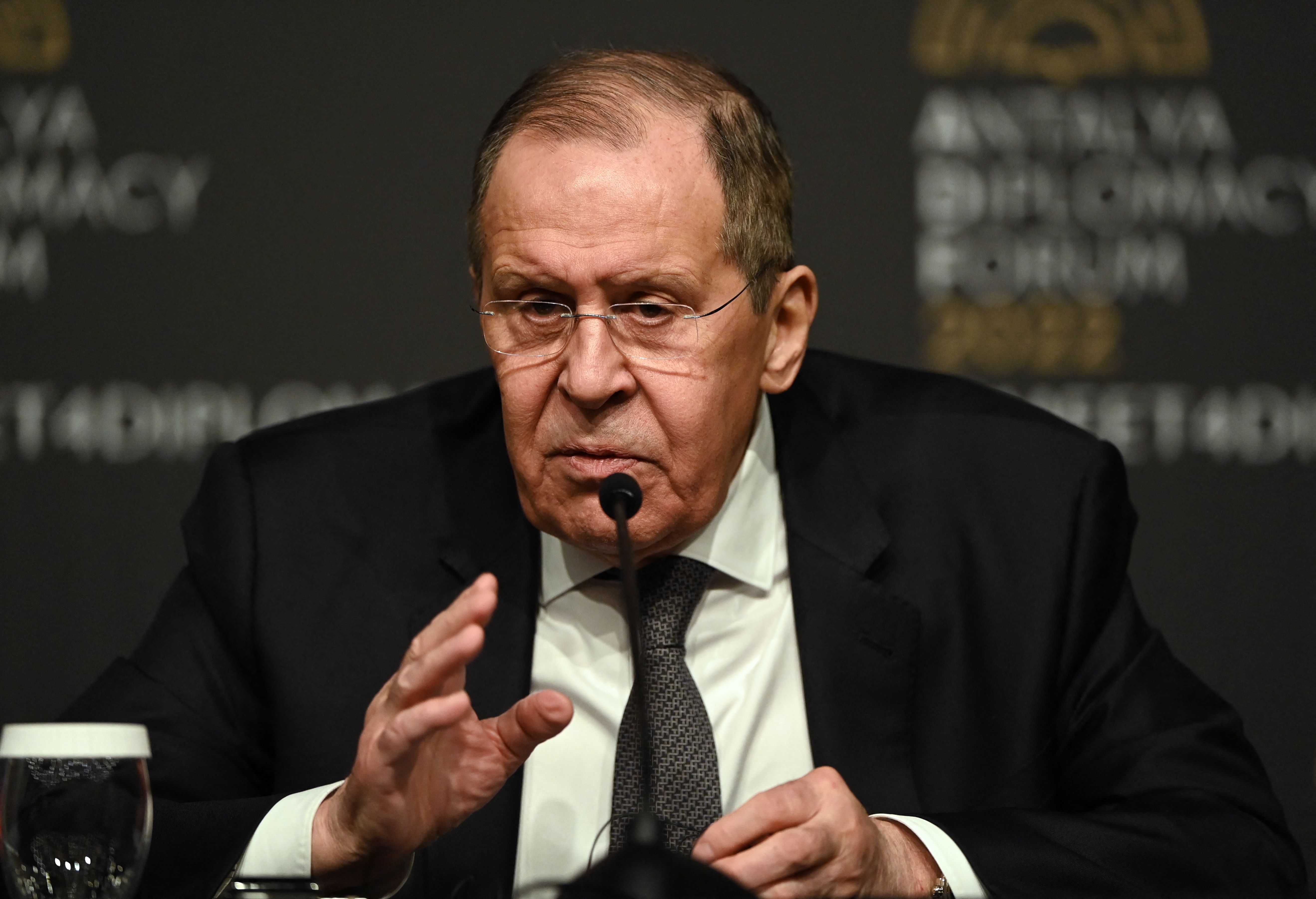 Russian Foreign Minister Sergei Lavrov gives a press conference after meeting Ukraine's Foreign Minister for talks in Antalya, Turkey, on March 10.