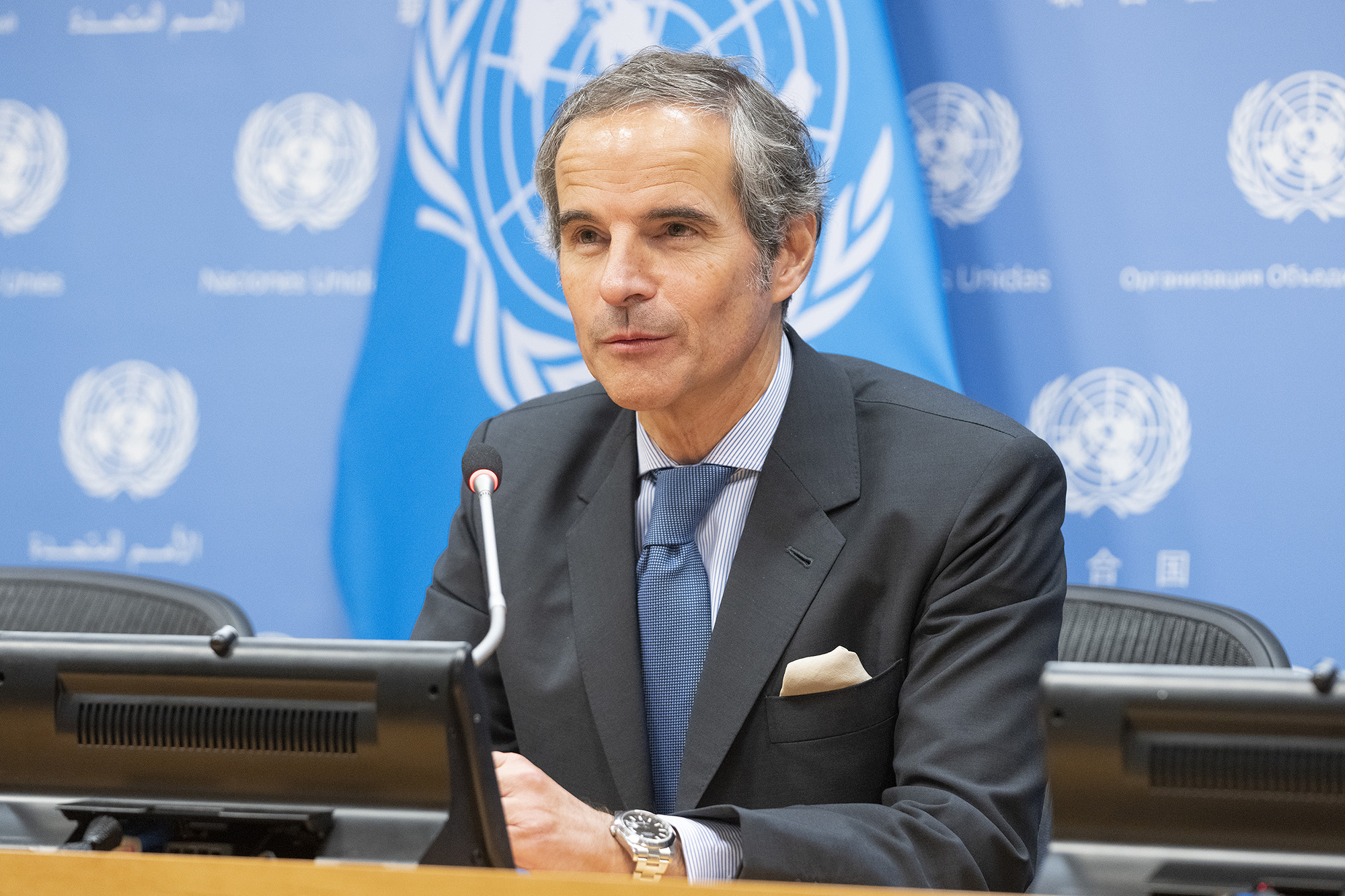 Director General of IAEA (International Atomic Energy Agency) Rafael Mariano Grossi press briefing at UN Headquarters in New York, U.S, on August 2.