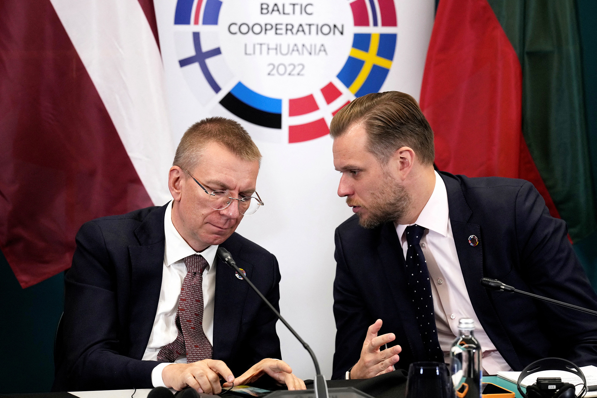 Latvia's Foreign Minister Edgars Rinkevics, left, and Lithuania's Foreign Minister Gabrielius Landsbergis attend the Nordic-Baltic cooperation (NB8) foreign ministers meeting in Kaunas, Lithuania, on September 7.
